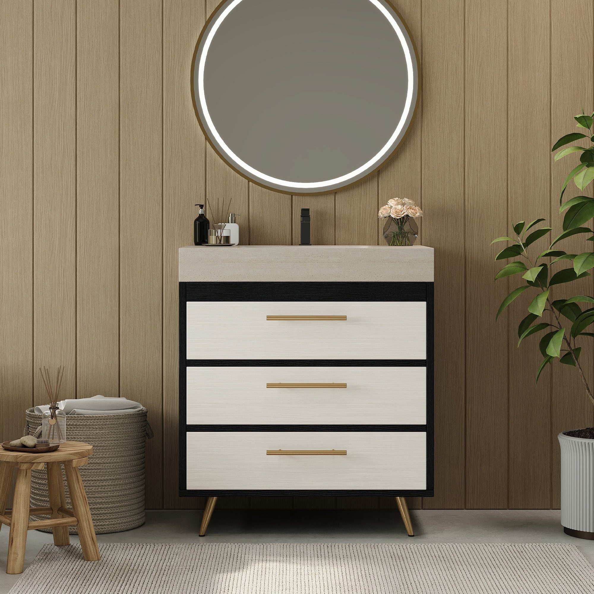Gdfstudio Athens Modern 29.9 Freestanding Bathroom Vanity With Sintered Stone Top Ceramic Vessel Sink Stainless Steel Legs