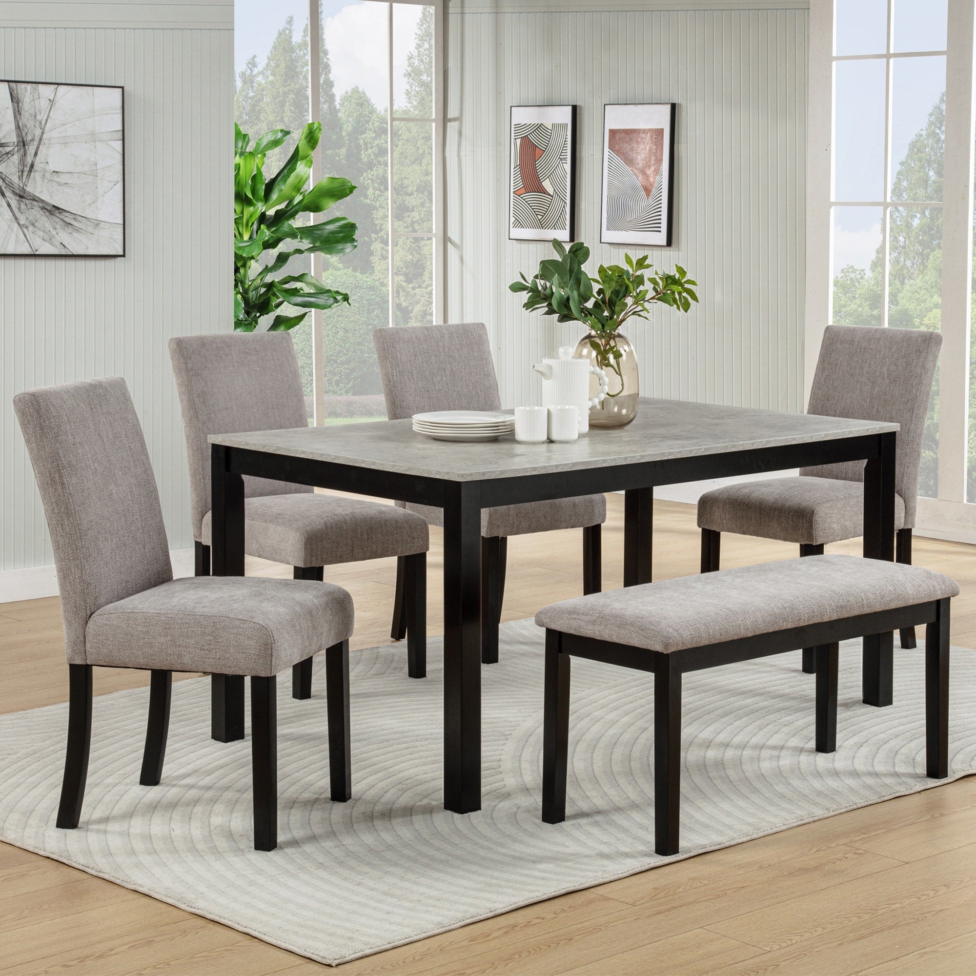 Gdfstudio Aurelia Luxury Concrete Effect Tabletop Rectangular Dining Table Set With 4 Upholstered Chairs With Without Bench