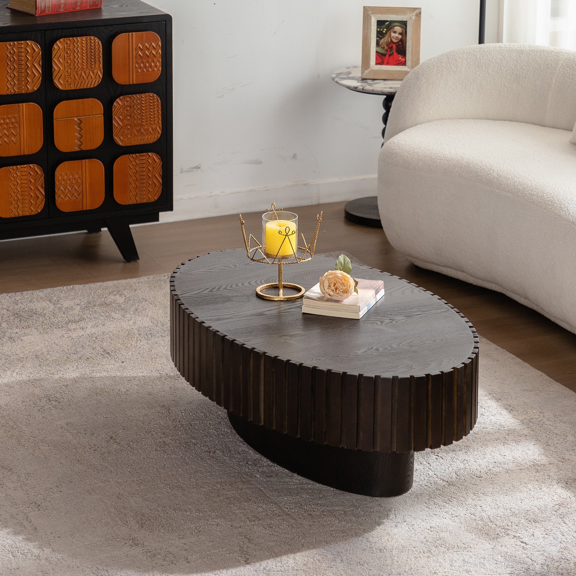Gdfstudio Aurelia Modern Handcrafted Relief Oval Wooden Coffee Table With Pedestal Base
