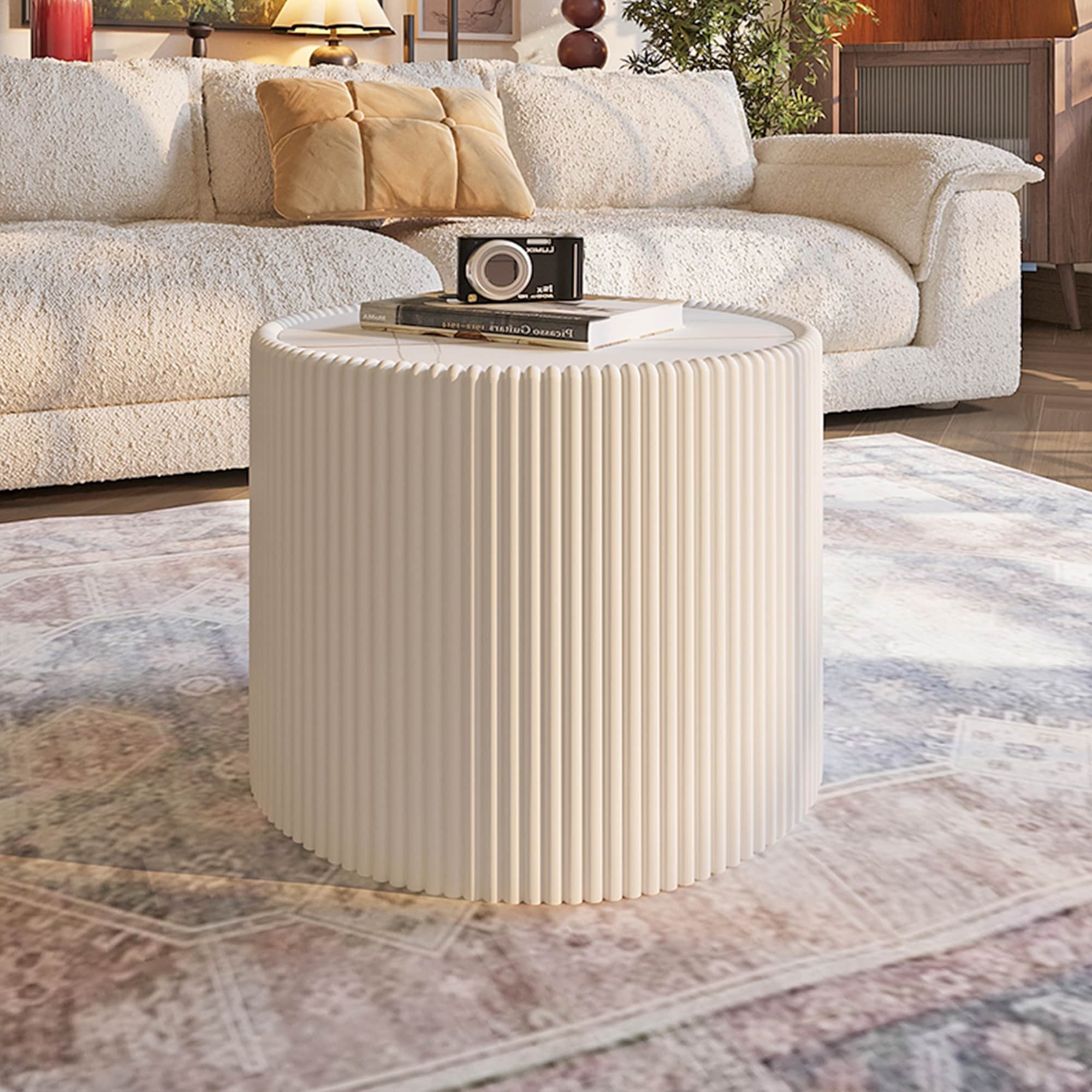 Gdfstudio Aurelia Modern Sintered Stone Top Upholstered Cylinder Coffee Table With Gold Pattern Round Design