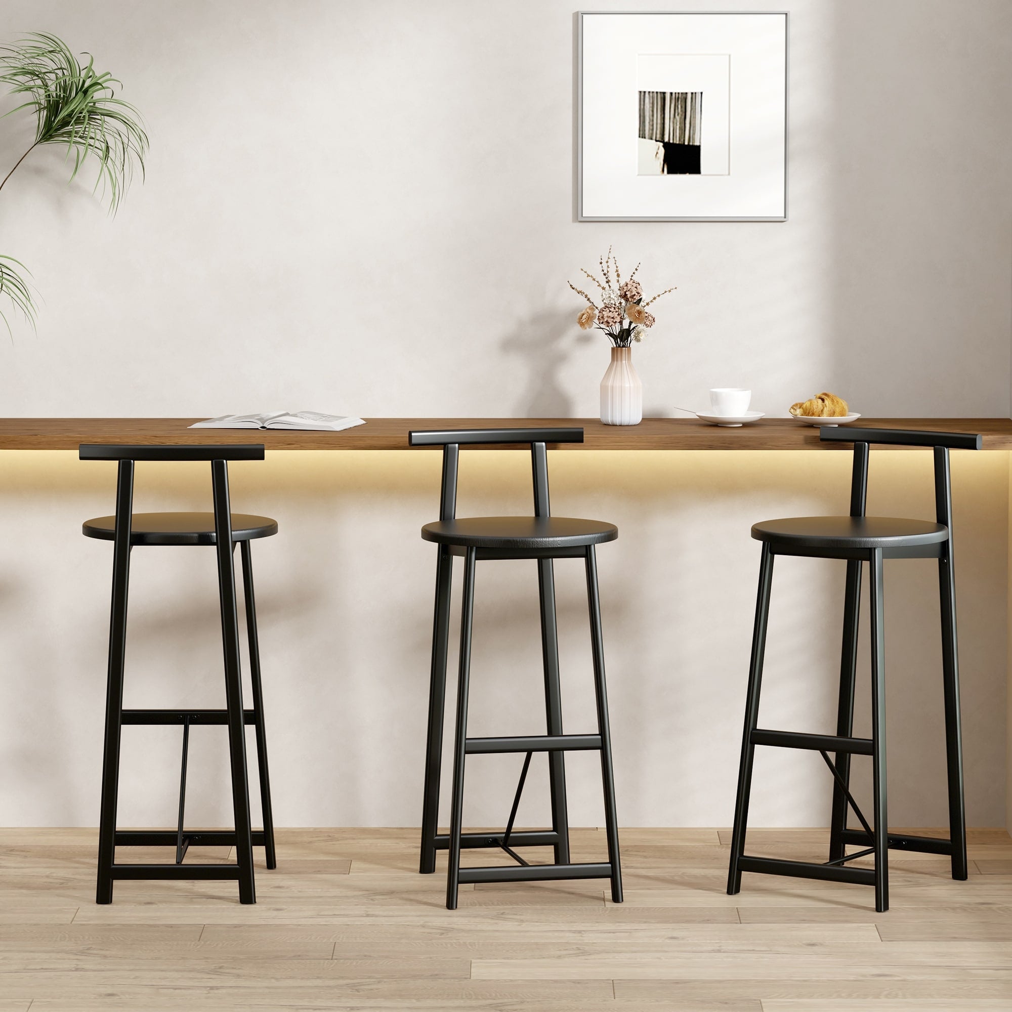 Gdfstudio Axis Modern Wooden Round Seat Counter Height Bar Stool With Adjustable Leg Pads Metal Frame Footrest Set Of 3