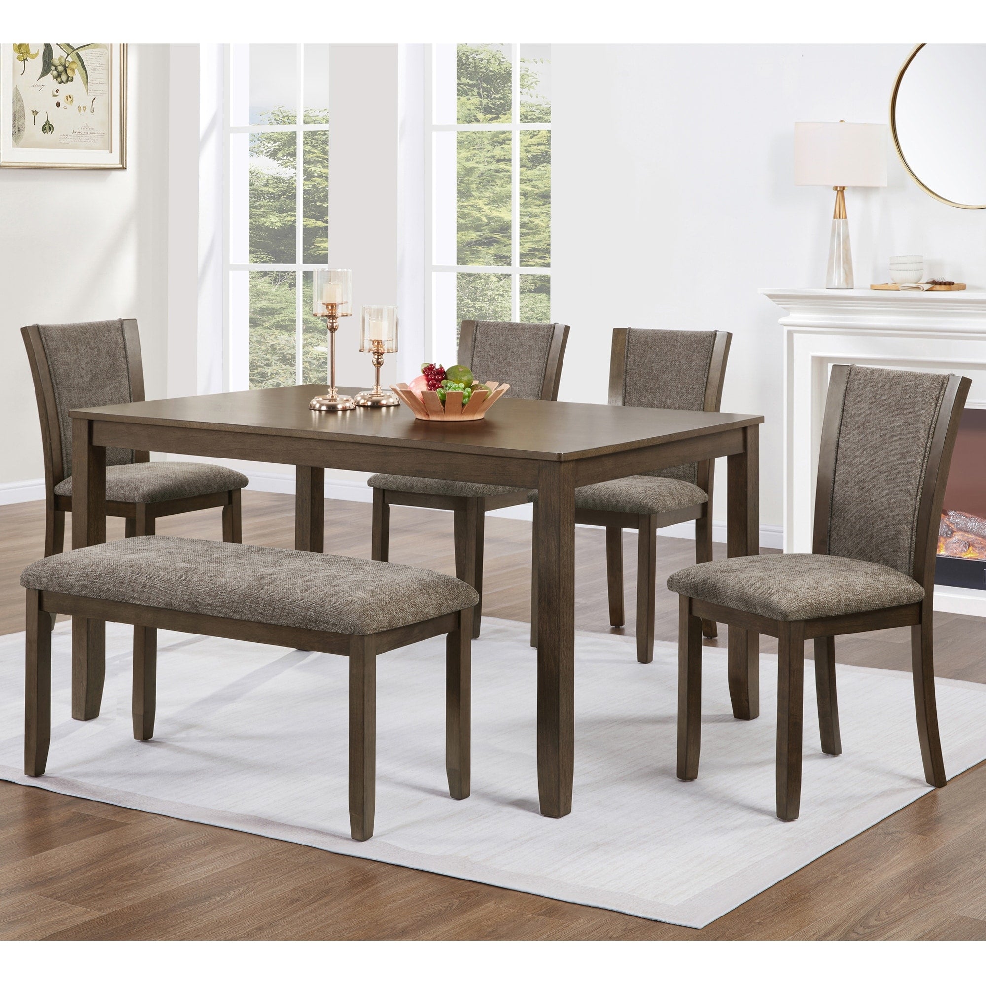 Gdfstudio Bellmont 6 Piece Farmhouse Rustic Dining Table Set With Upholstered Chairs And Bench