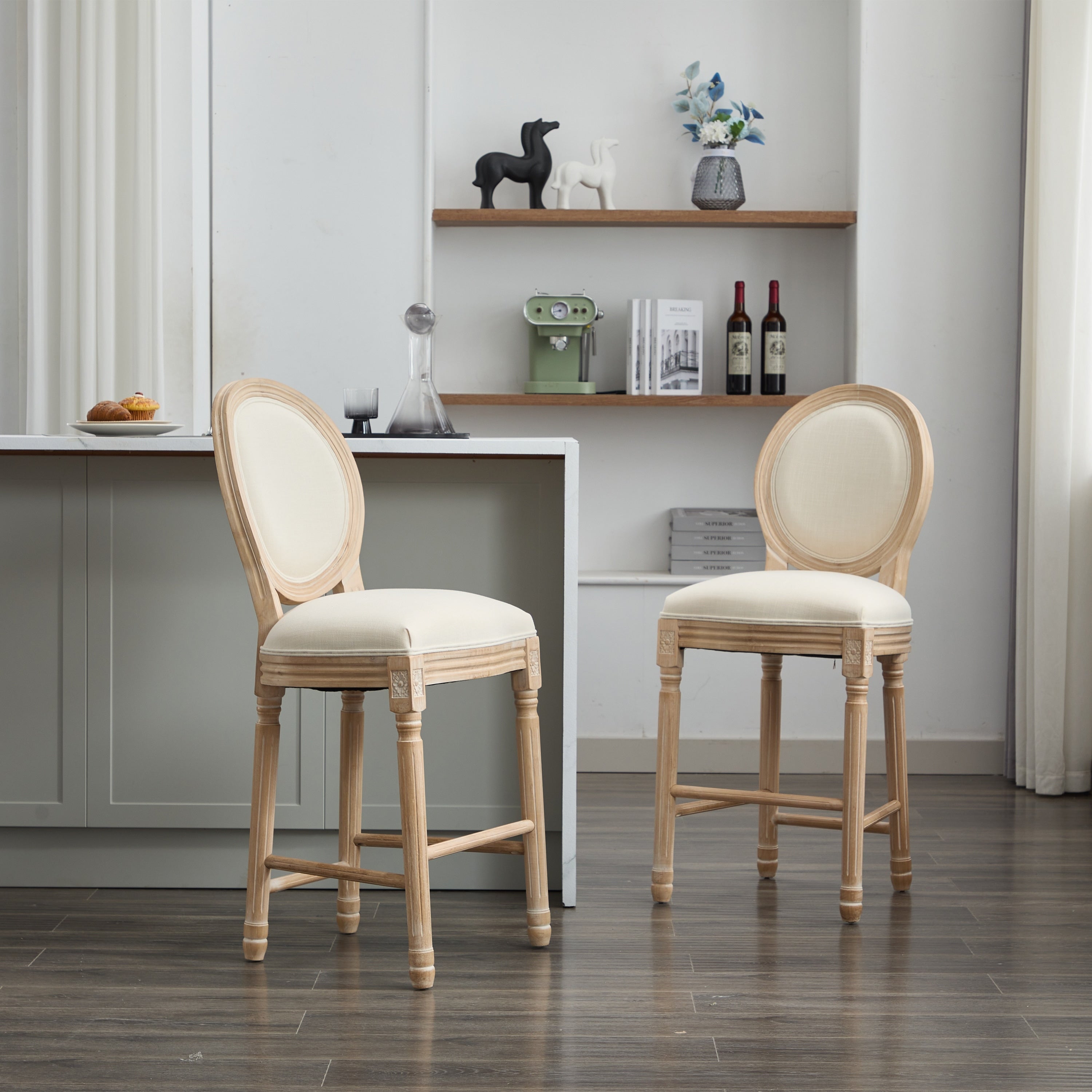 Gdfstudio Bertram French Country Upholstered Backrest Barstools Set Padded Seat Cushion Solid Wood Legs Set Of 2