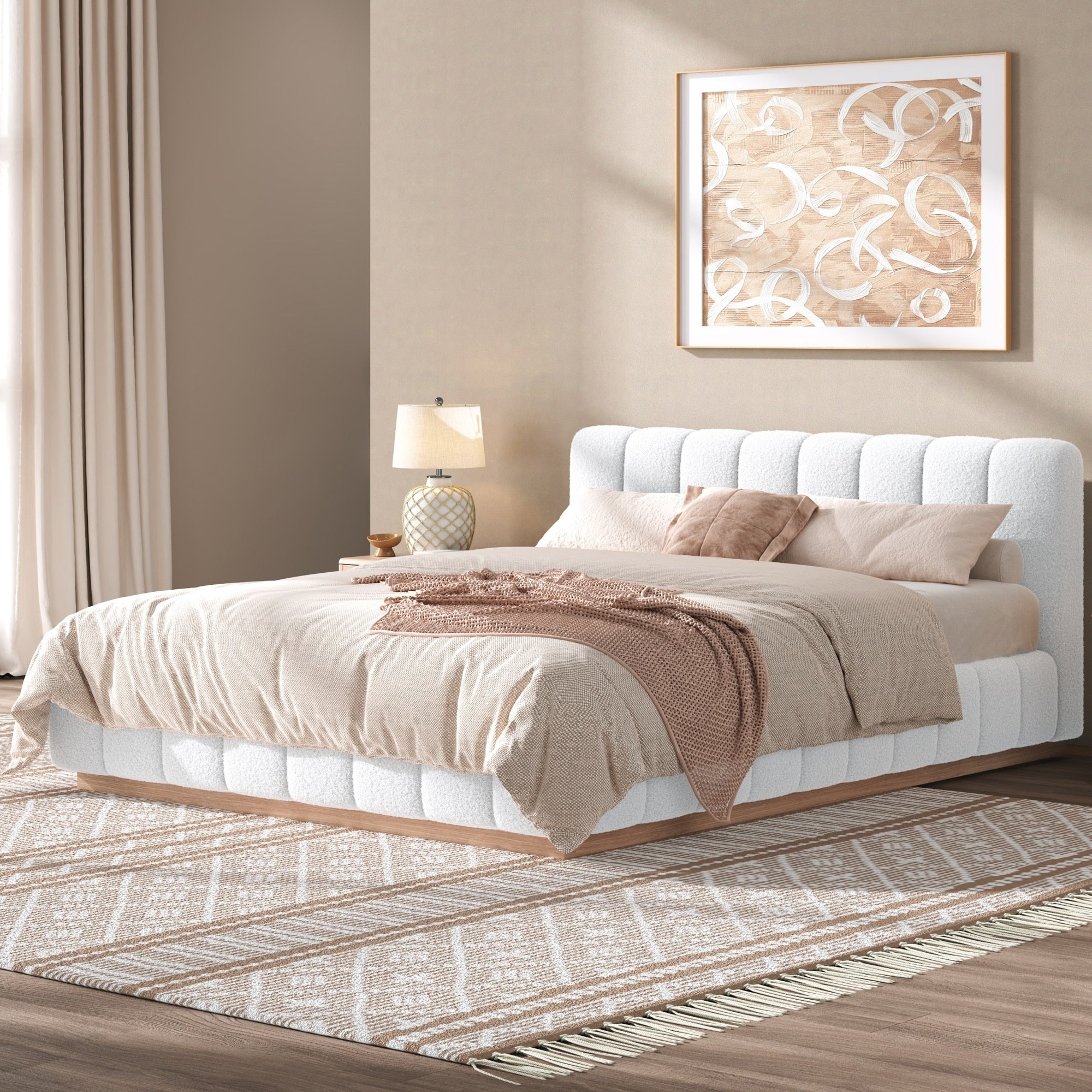 Gdfstudio Boucle Upholstered Platform Bed Frame With Low Profile Wood Base