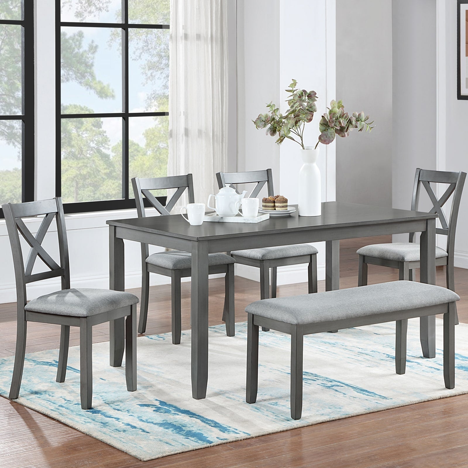 Gdfstudio Brookline 6 Piece Transitional Rectangular Wooden Dining Table Set With 4 Upholstered Chairs 1 Bench