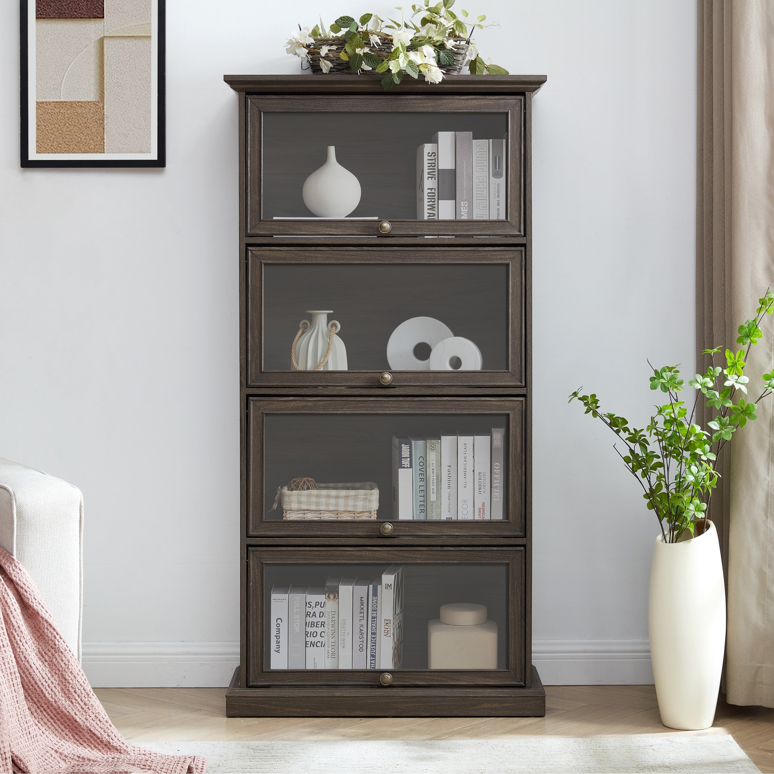 Gdfstudio Brookline Modern Storage Glass Display Cabinet With Flip Up Glass Doors And 4 Tier Shelving