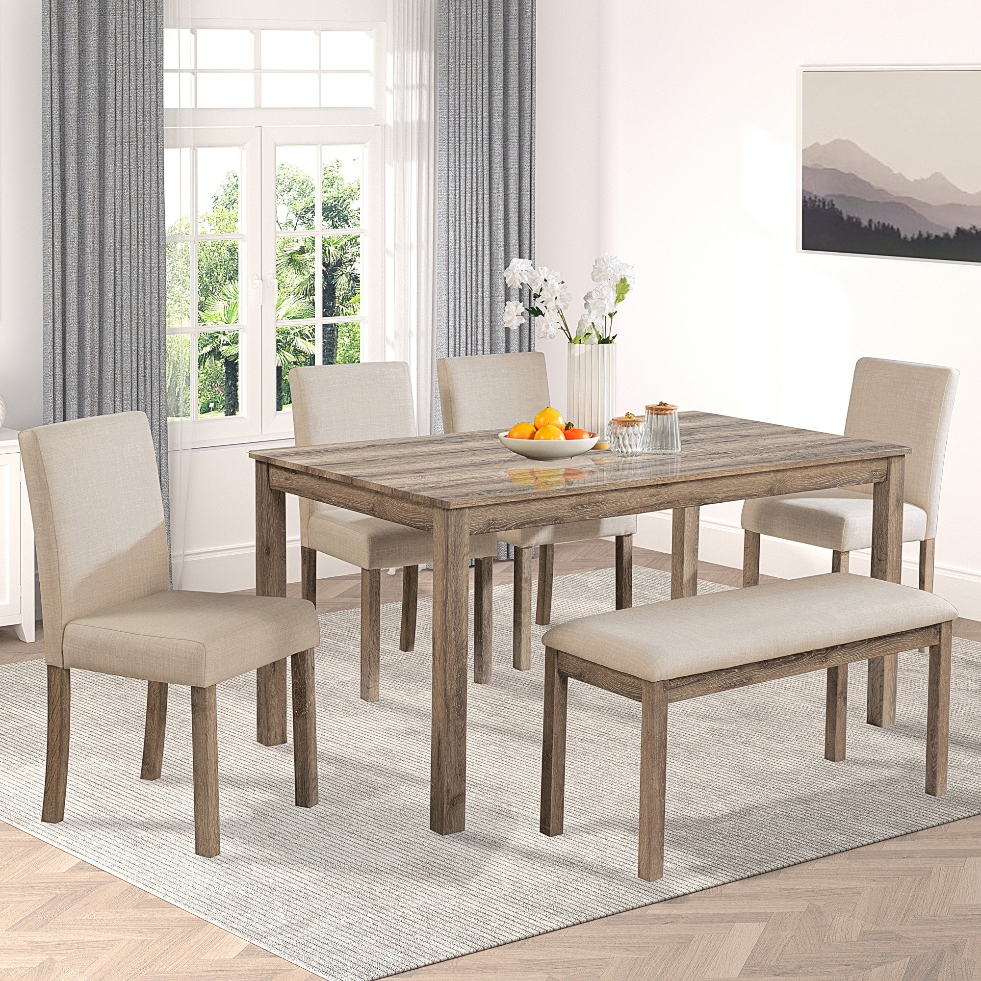 Gdfstudio Brown Modern Wooden 6 Piece Rectangular Dining Table Set With Upholstered Chairs And Bench Mdf Wood Grain Tabletop