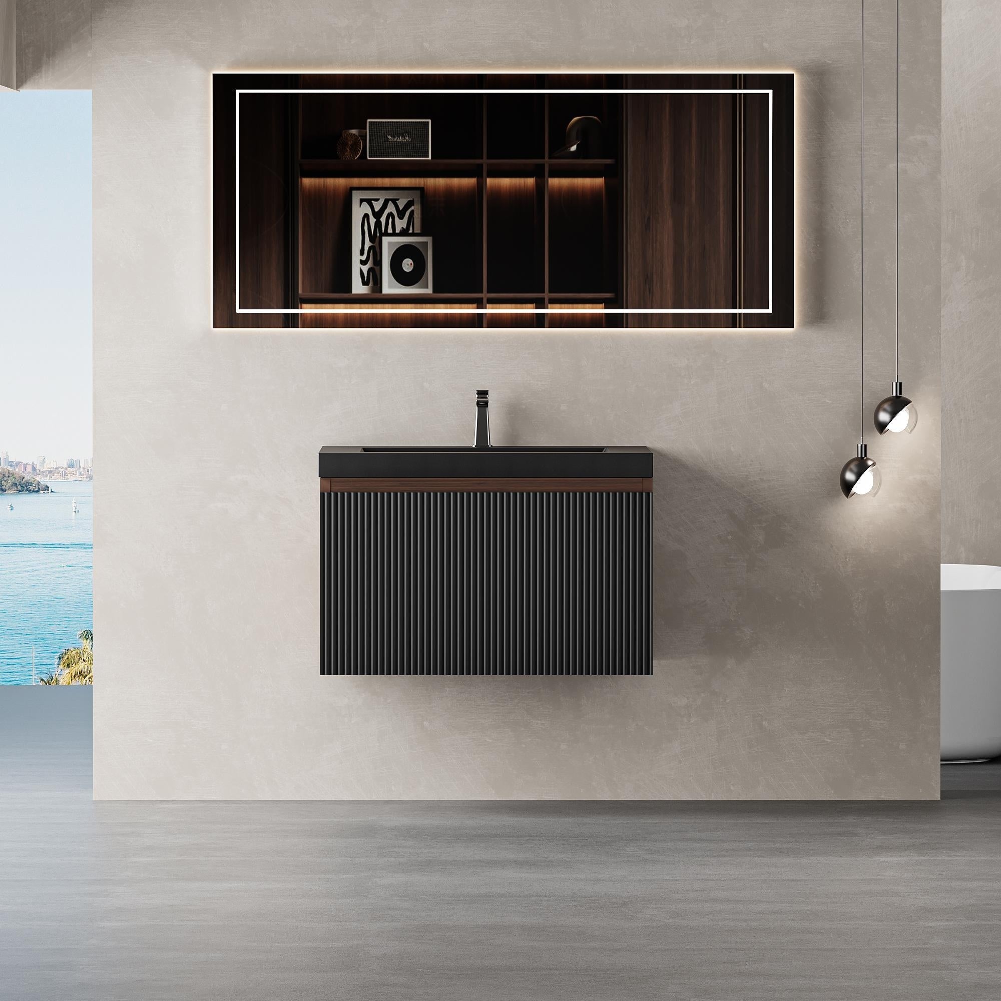 Gdfstudio Carson 24 Inch Floating Bathroom Vanity With Quartz Sand Basin And Fluted Storage Drawer