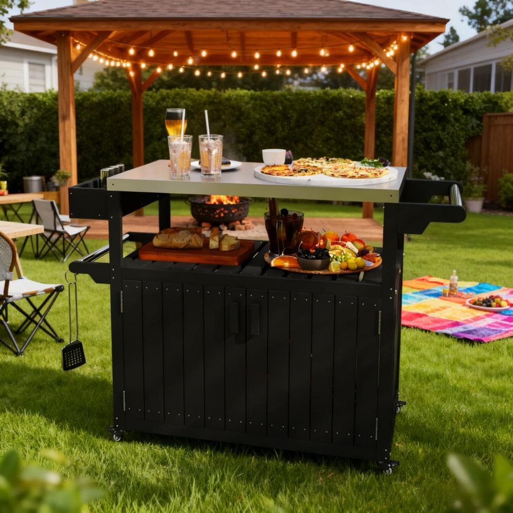 Gdfstudio Cedar Outdoor Wheeled Bar Cart With Heavy Duty Stainless Steel Top And Multi Storage 45.7