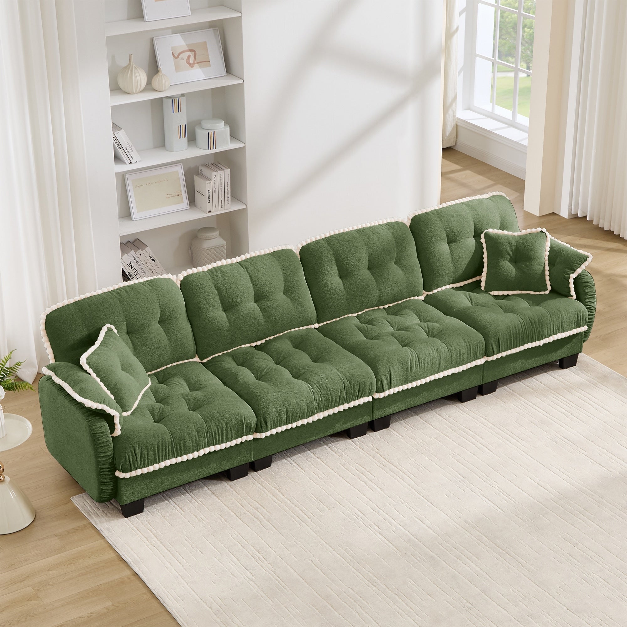 Gdfstudio Chenille Cloud 131.5 4 Seater Deep Seat Sofa With Pom Pom Trim Tufted Cushions 4 Pillows Movable Ottoman