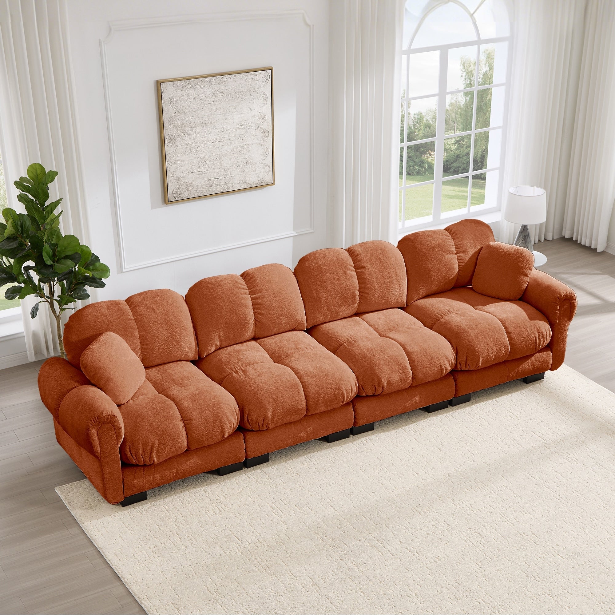Gdfstudio Chenille Cloud 131.5 4 Seater Deep Seat Sofa Quilted Back Cushions Soft Padded Armrests Ergonomic Design