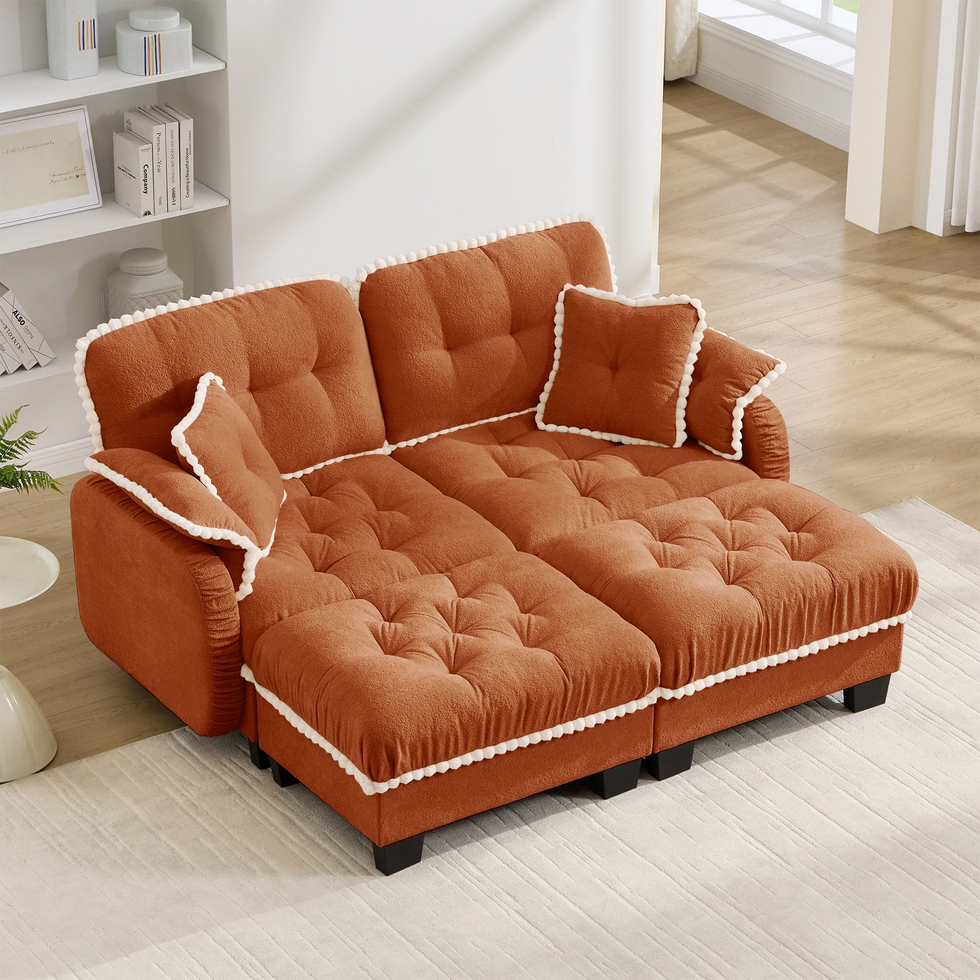 Gdfstudio Chenille Cloud 2 Seater 70 U Shaped Loveseat With Pom Pom Trim Tufted Cushions And 2 Movable Ottomans