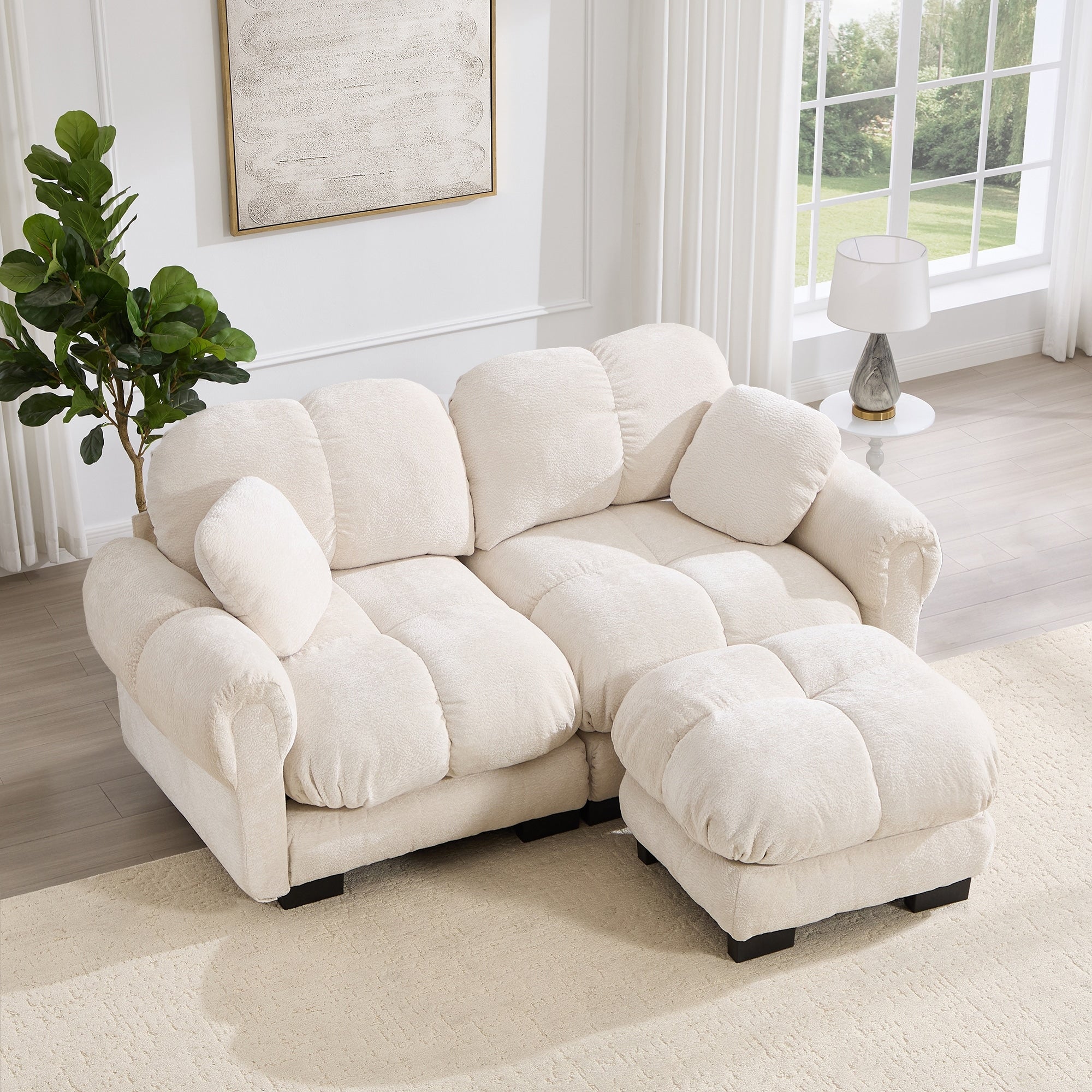 Gdfstudio Chenille Cloud 2 Seater 76.3 L Shaped Loveseat With Petal Design Quilted Cushions And Movable Ottoman