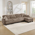 Gdfstudio Chenille Cloud 4 Seater 131.5 L Shaped Sofa Pom Pom Trim Tufted Cushions 4 Pillows Movable Ottoman