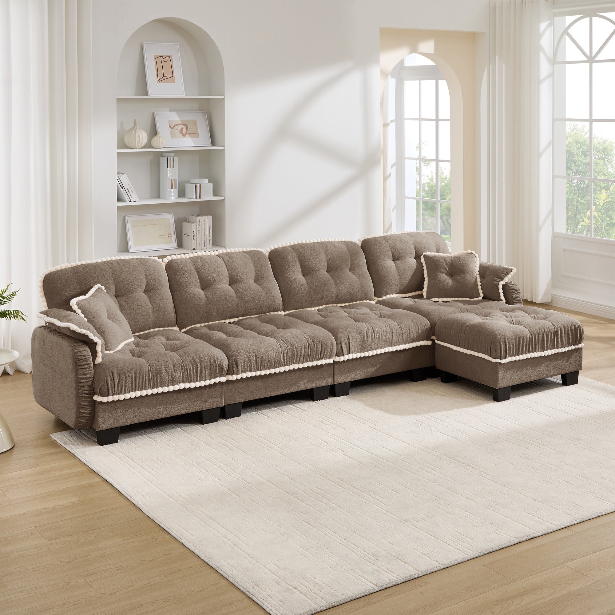 Gdfstudio Chenille Cloud 4 Seater 131.5 L Shaped Sofa Pom Pom Trim Tufted Cushions 4 Pillows Movable Ottoman