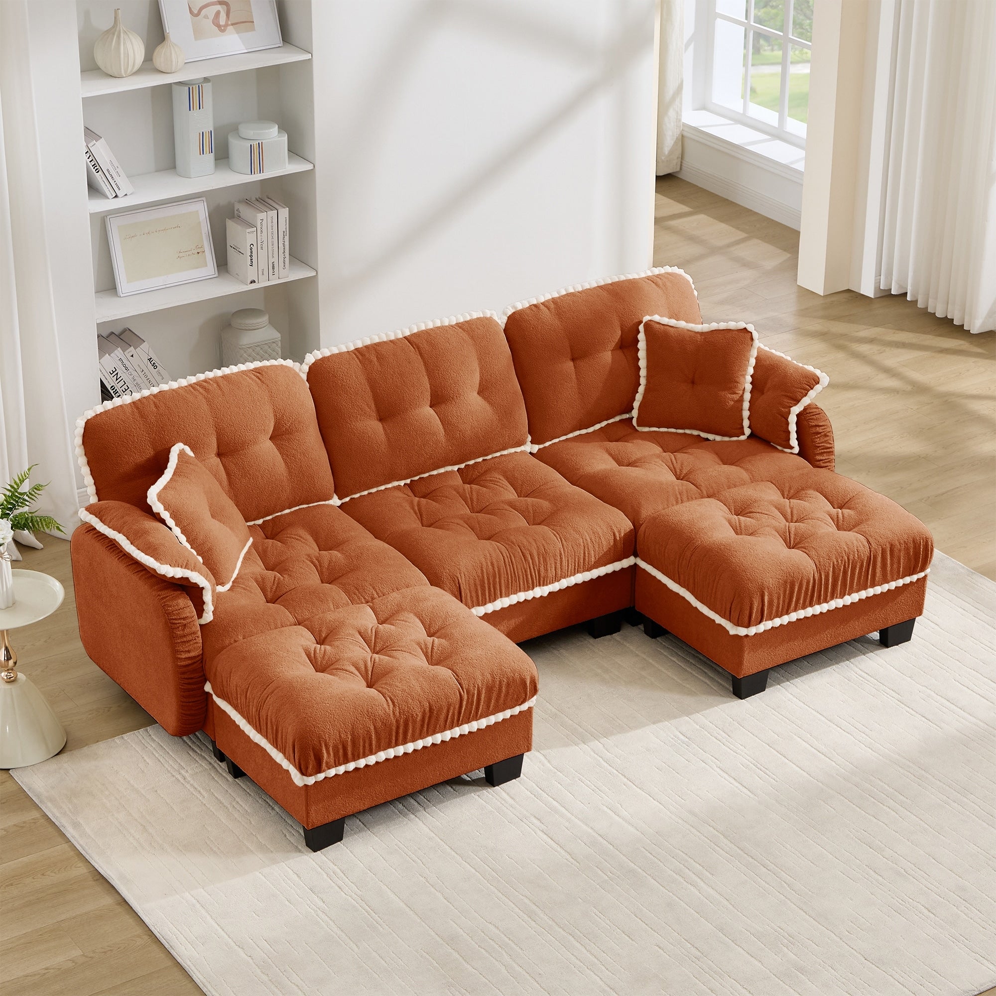 Gdfstudio Chenille Cloud U Shaped 100.7 3 Seater Sofa With Pom Pom Trim 4 Pillows 2 Movable Ottomans