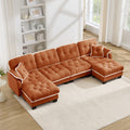 Gdfstudio Chenille Cloud U Shaped 131.5 4 Seater Sofa Pom Pom Trim 4 Pillows 2 Movable Ottomans
