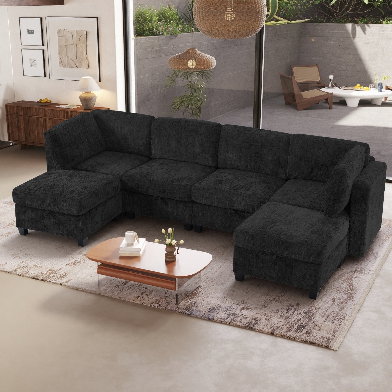 Gdfstudio Chenille Fabric 6 Seat 128 Modular Sectional Sofa With Storage Solid Wood Frame For Living Room