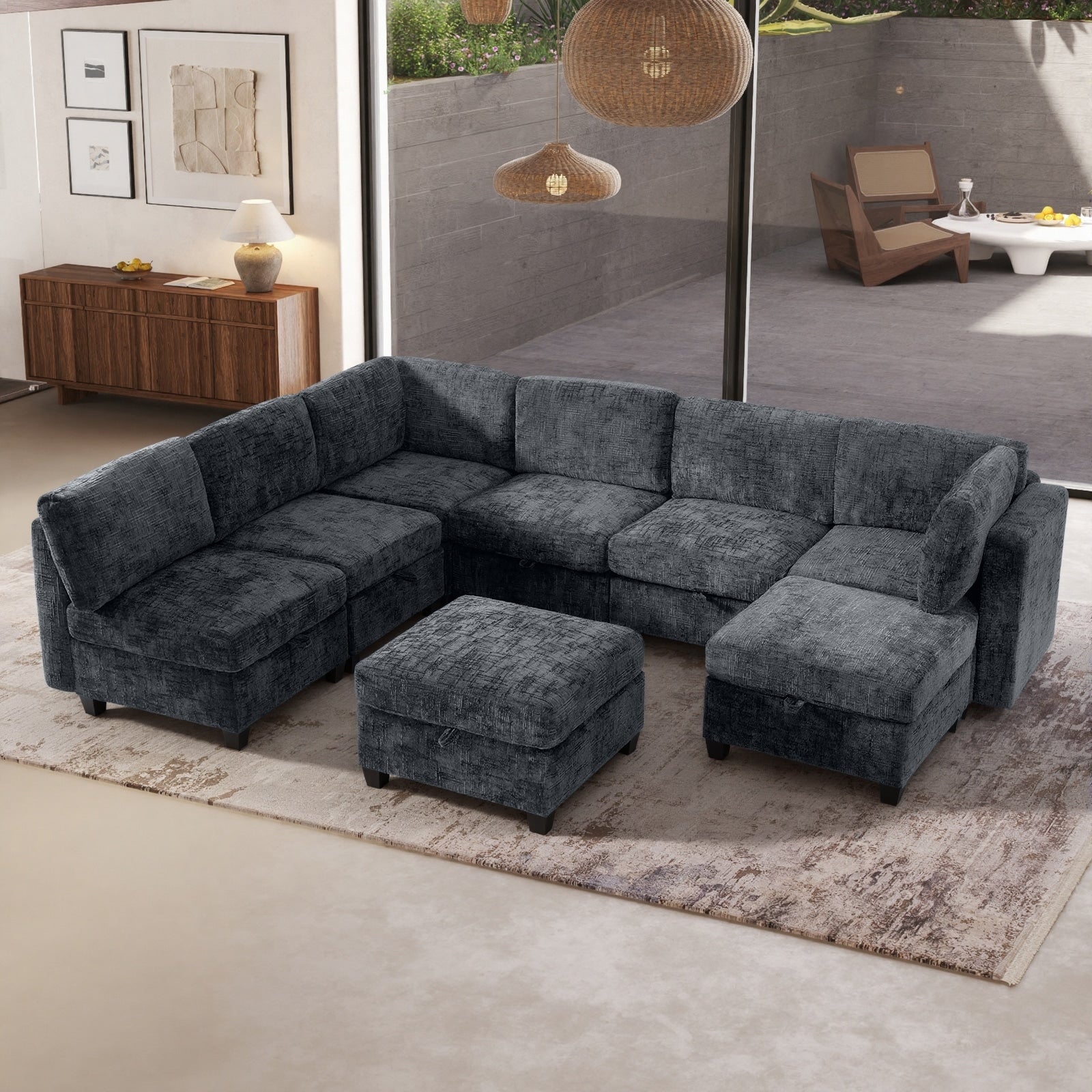 Gdfstudio Chenille Fabric 8 Seat 128 Modular Sectional Sofa With Storage Solid Wood Frame