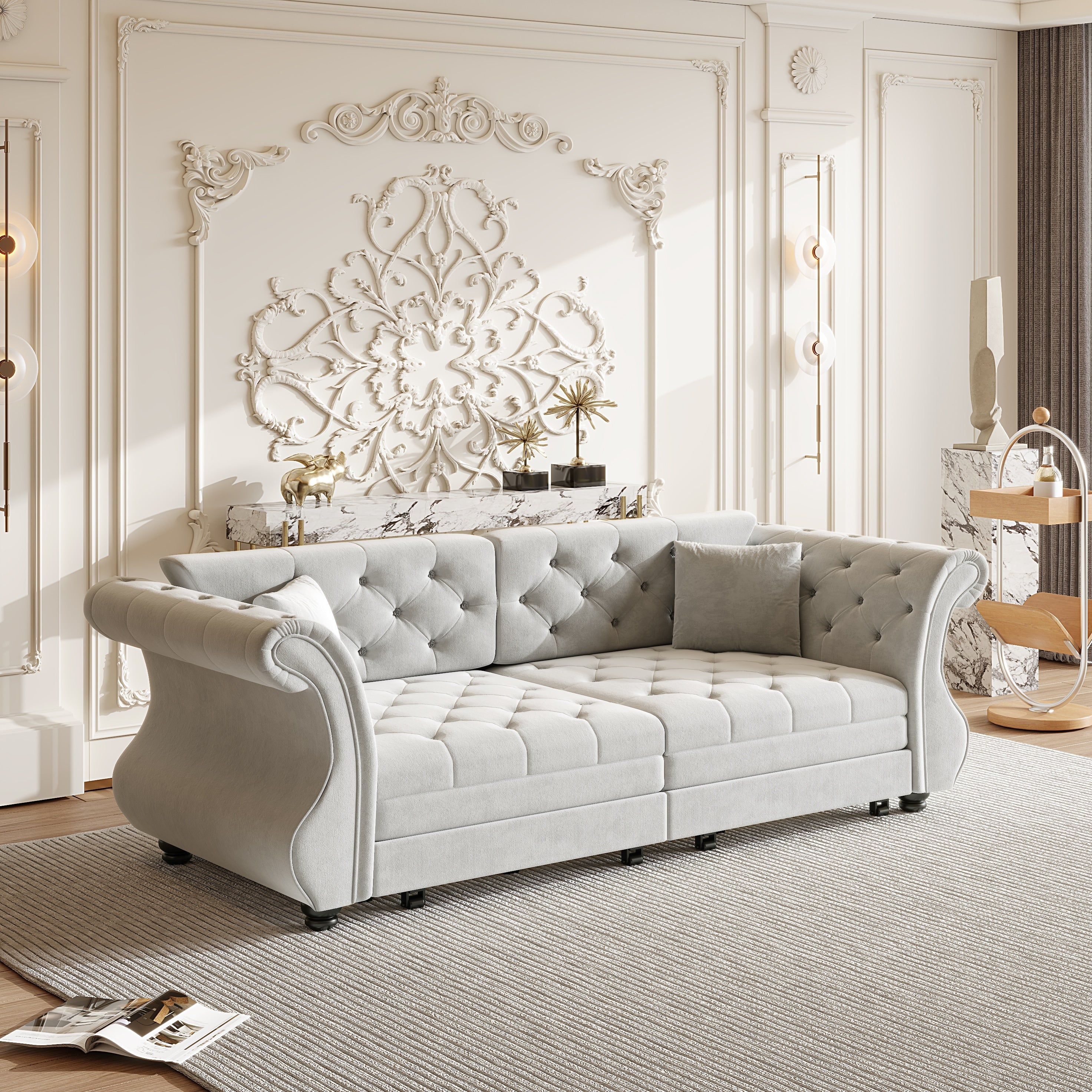 Gdfstudio Chesterfield Velvet Pull Out Sofa Bed With Flower Tufting
