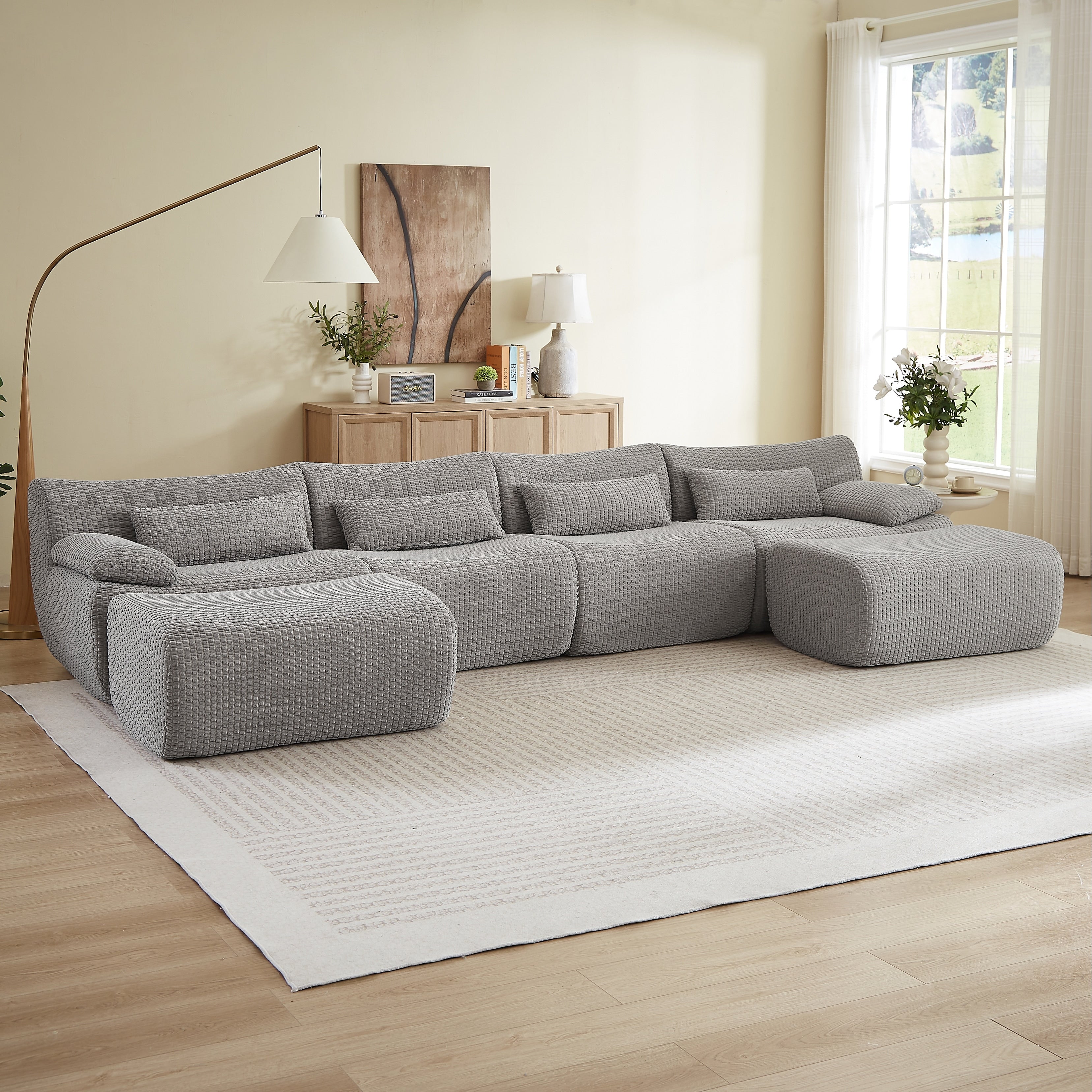 Gdfstudio Cloud Boneless Convertible U Shaped 141.7 Corduroy Sectional Sofa With 2 Ottomans