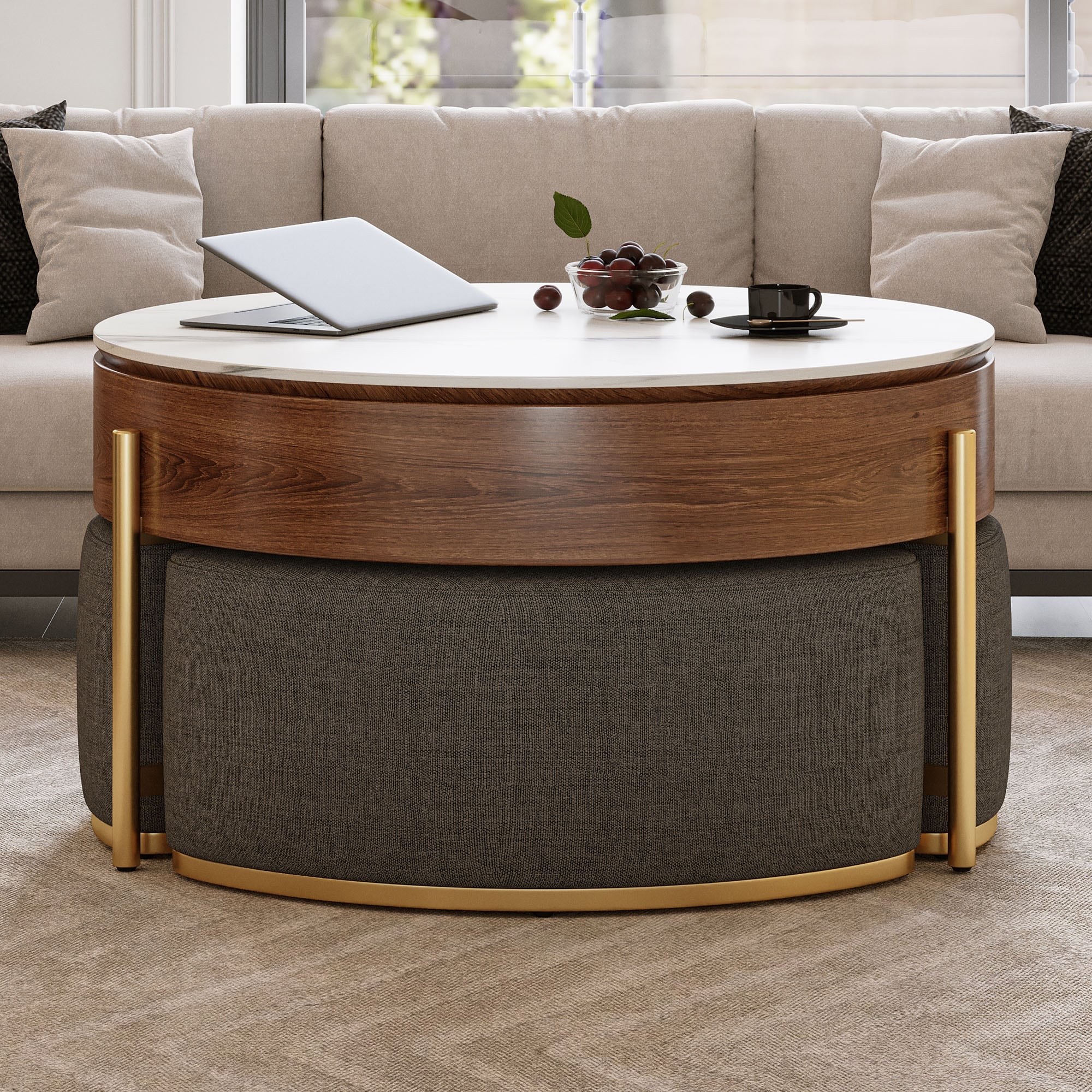 Gdfstudio Contemporary 31.5 Round Lift Top Coffee Table With Hidden Storage 3 Upholstered Nesting Ottomans