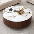 Gdfstudio Contemporary 35.4 Round Coffee Table With Sintered Stone Faux Marble Top And 2 Soft Close Drawers