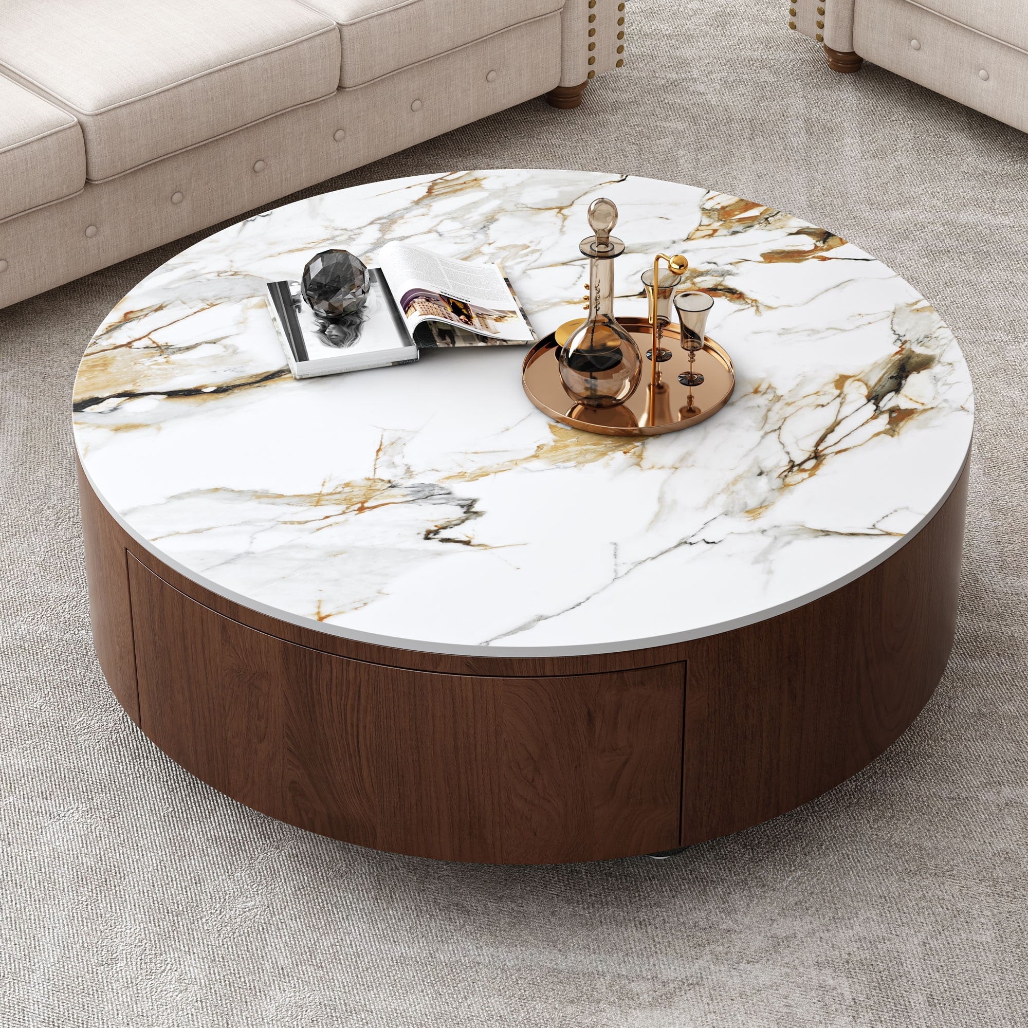 Gdfstudio Contemporary 35.4 Round Coffee Table With Sintered Stone Faux Marble Top And 2 Soft Close Drawers