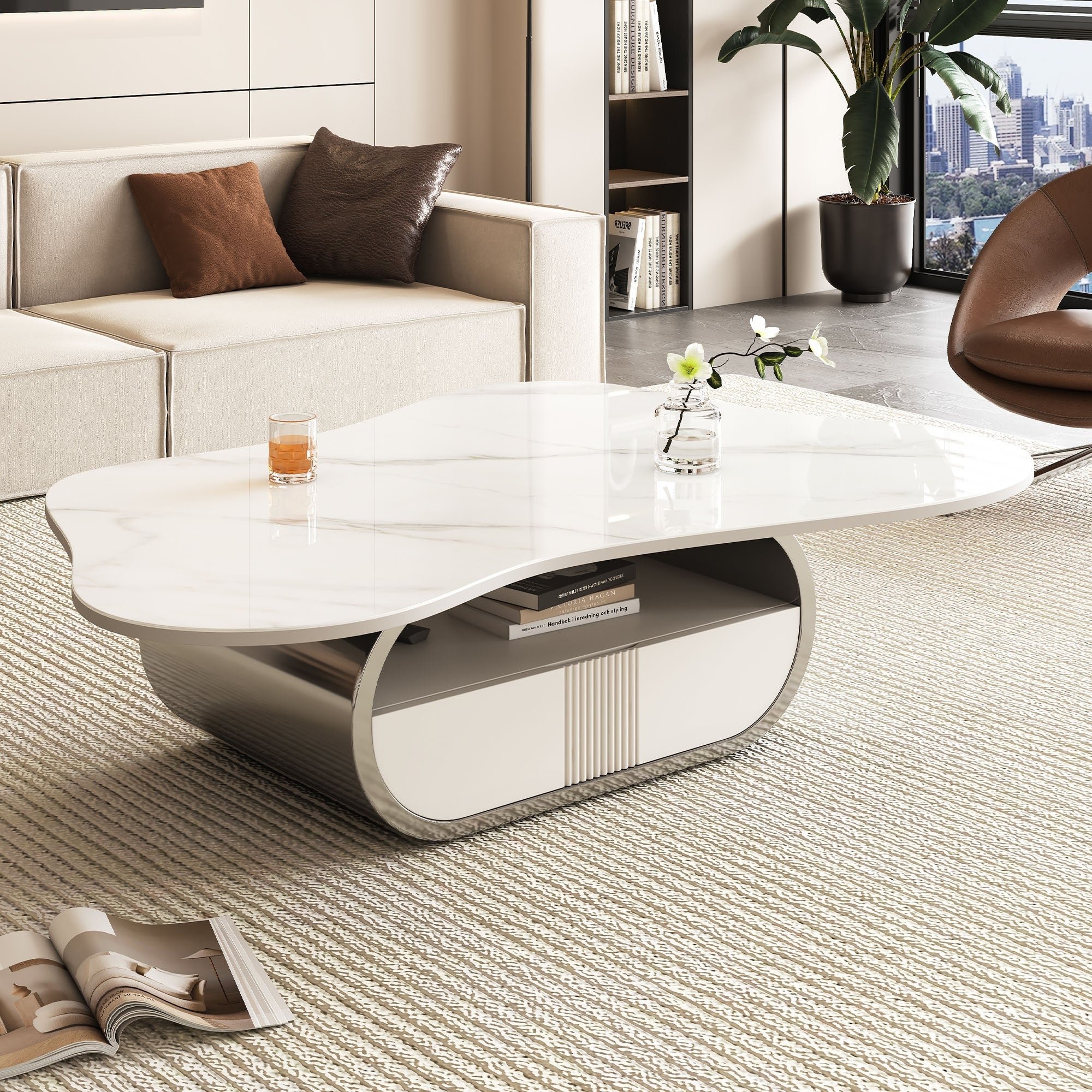 Gdfstudio Contemporary 41.7 Modern Butterfly Coffee Table With Sintered Stone Top Soft Close Storage Drawer Shelf