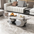 Gdfstudio Contemporary 49.2 Oval Sintered Stone Coffee Table With C Shaped Stainless Steel Base Natural Veining Pattern Top