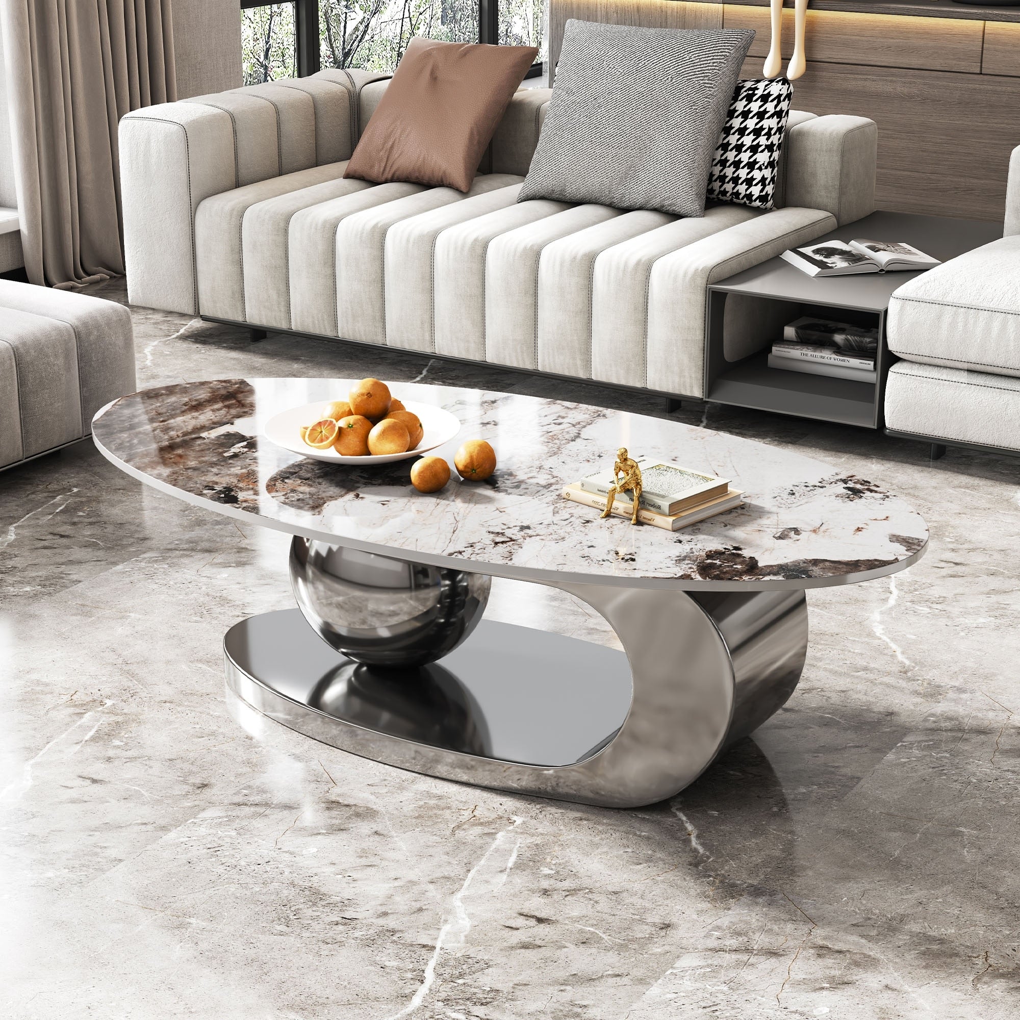 Gdfstudio Contemporary 49.2 Oval Sintered Stone Coffee Table With C Shaped Stainless Steel Base Natural Veining Pattern Top