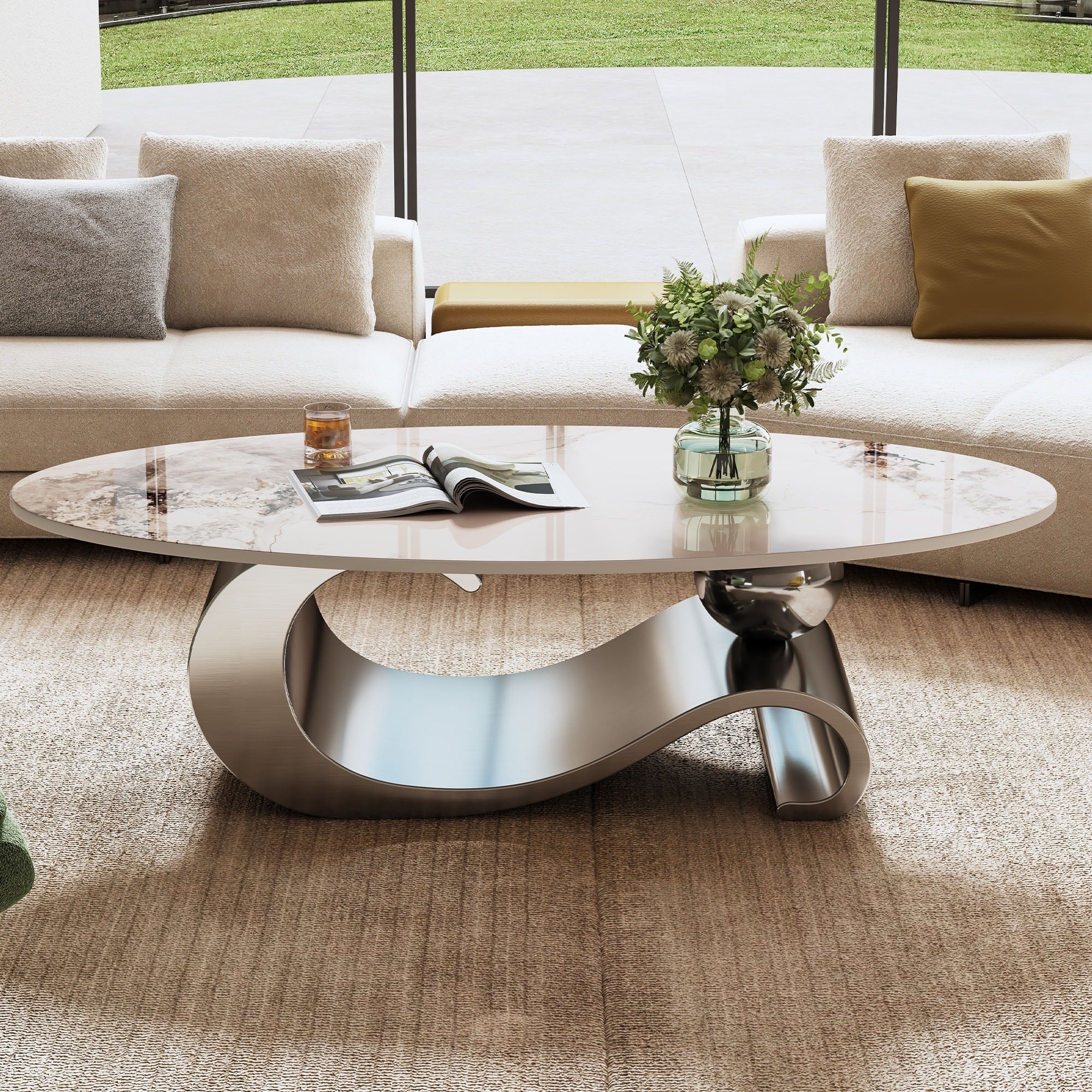 Gdfstudio Contemporary 49.2 Oval Sintered Stone Coffee Table With S Shaped Stainless Steel Base Novel Pattern Top