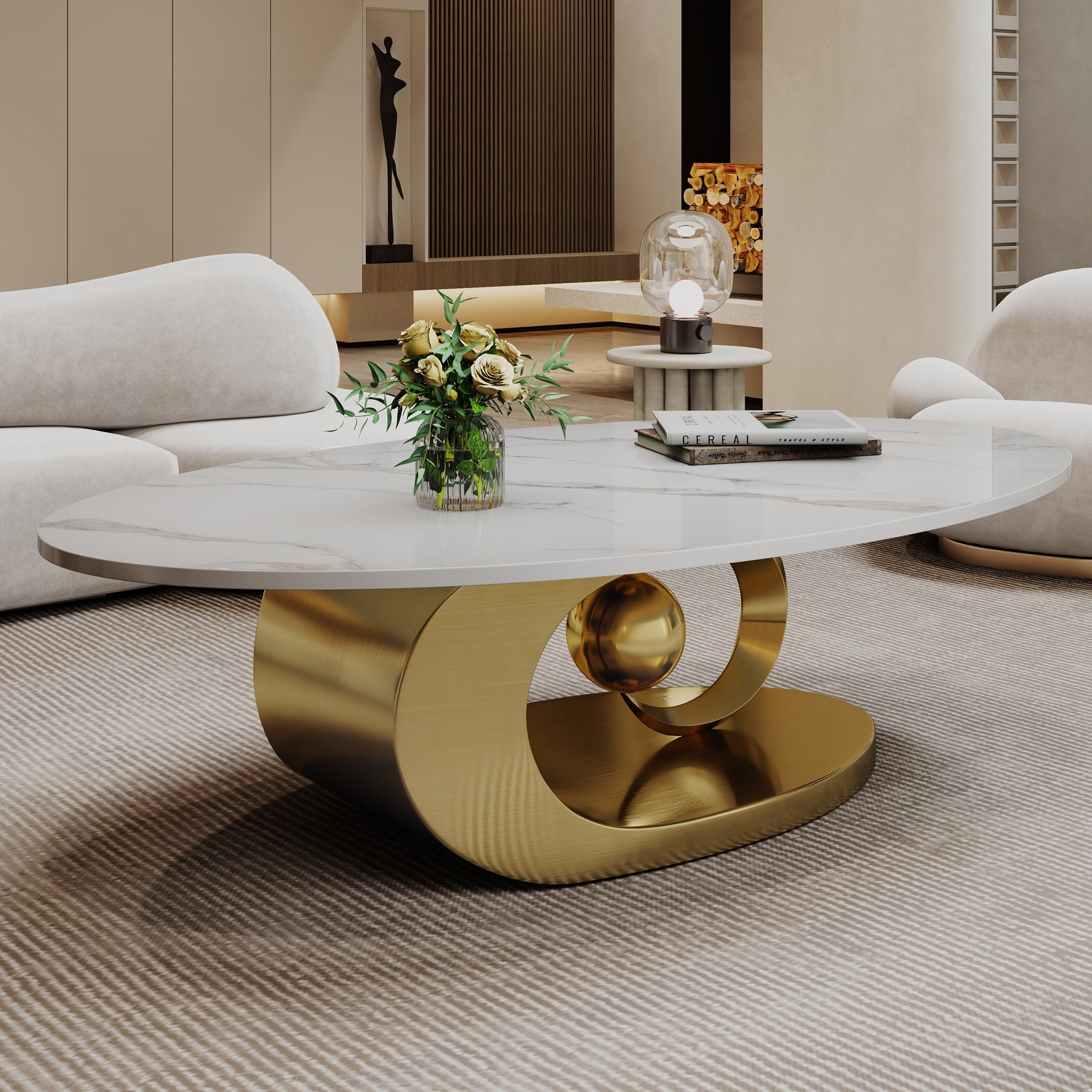 Gdfstudio Contemporary 49.2 Oval Sintered Stone Coffee Table With Sculptural Stainless Steel Base Anti Tip Adjustable Feet