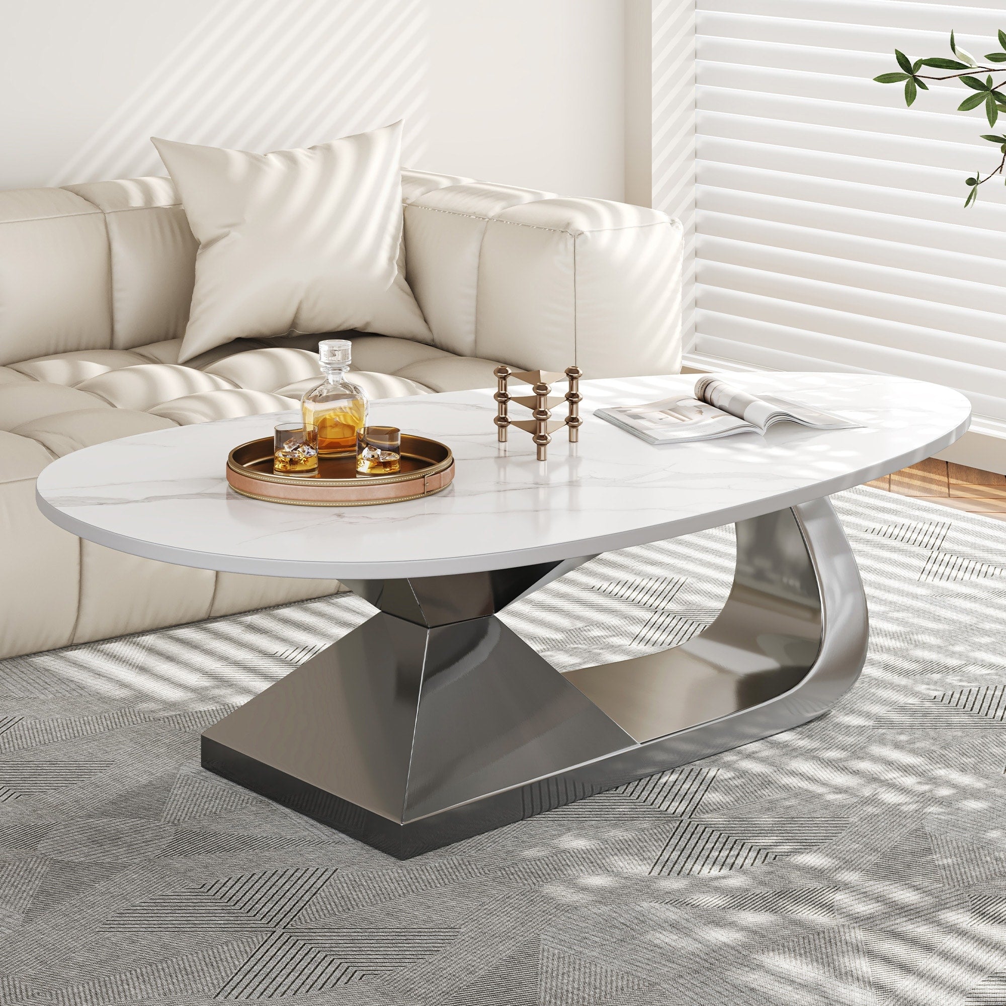 Gdfstudio Contemporary 51.2 Oval Sintered Stone Coffee Table With Sculptural Stainless Steel Base