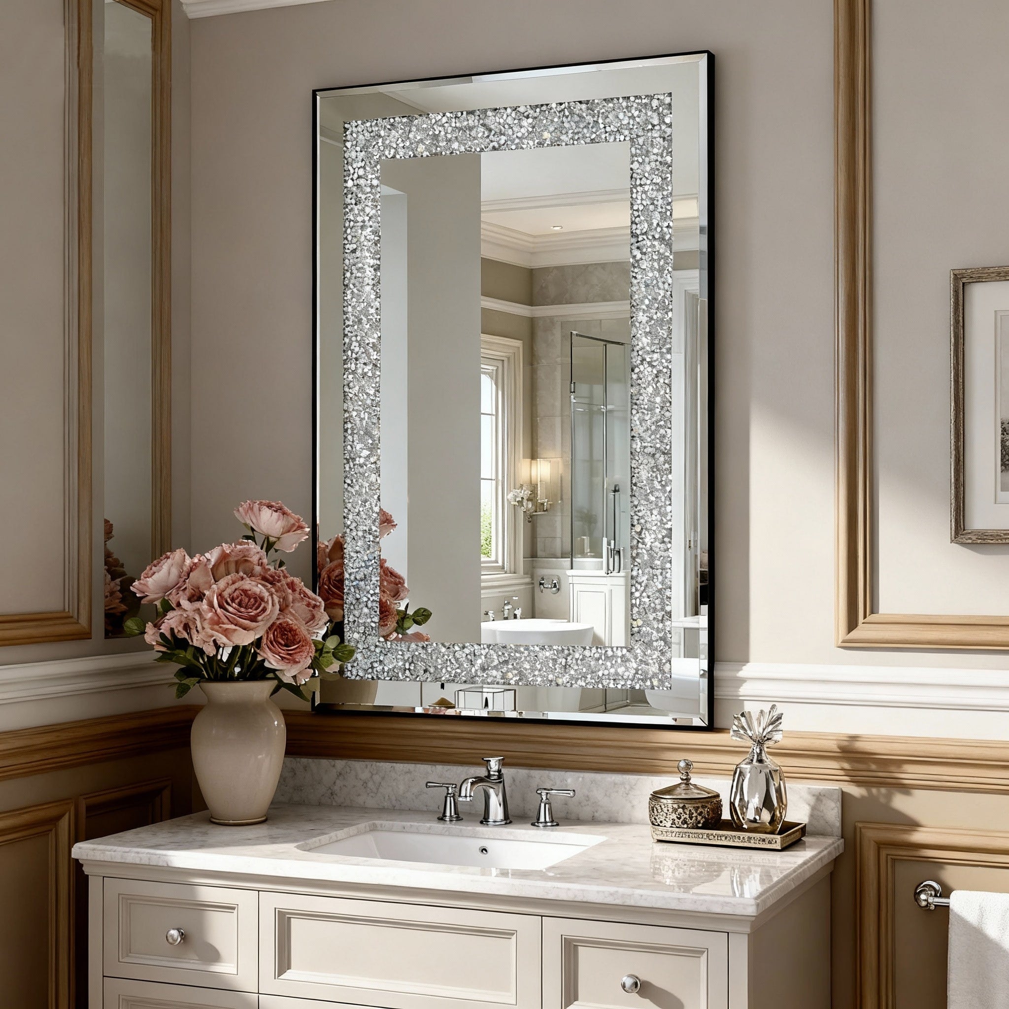 Gdfstudio Crystal Crush Diamond Rectangular Silver Wall Mirror 36 X 24 Inch