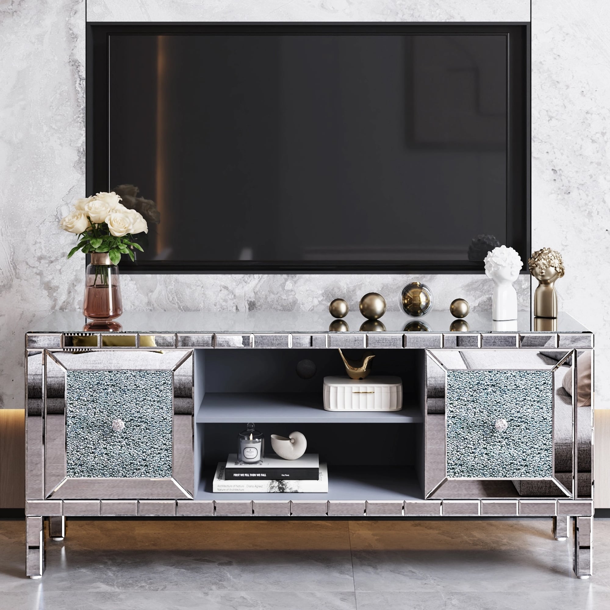 Gdfstudio Crystaluxe Modern Mirrored Media Entertainment Center With Crushed Diamond Glass Doors For 65 Inch Tvs