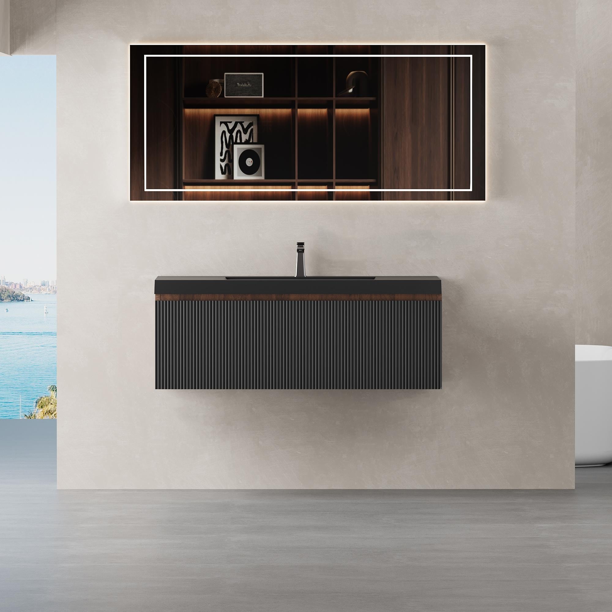 Gdfstudio Dalton 42 Inch Floating Bathroom Vanity With Quartz Sand Basin And Fluted Storage Drawer