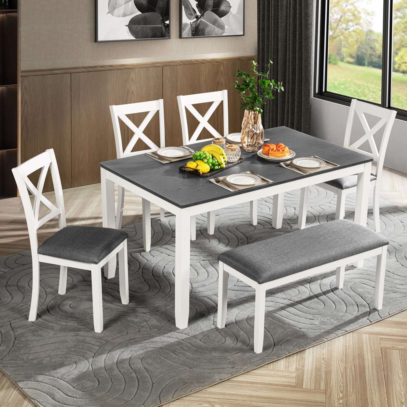 Gdfstudio Dalton 6 Piece Transitional Wooden Dining Table Set With 4 Upholstered X Back Chairs And 1 Bench
