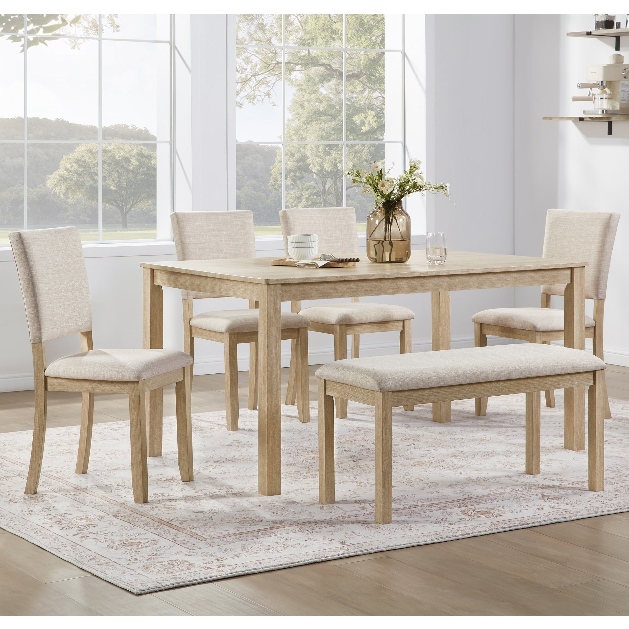 Gdfstudio Dalton 6 Piece Transitional Wooden Rectangular Dining Table Set With 4 Upholstered Chairs And 1 Bench