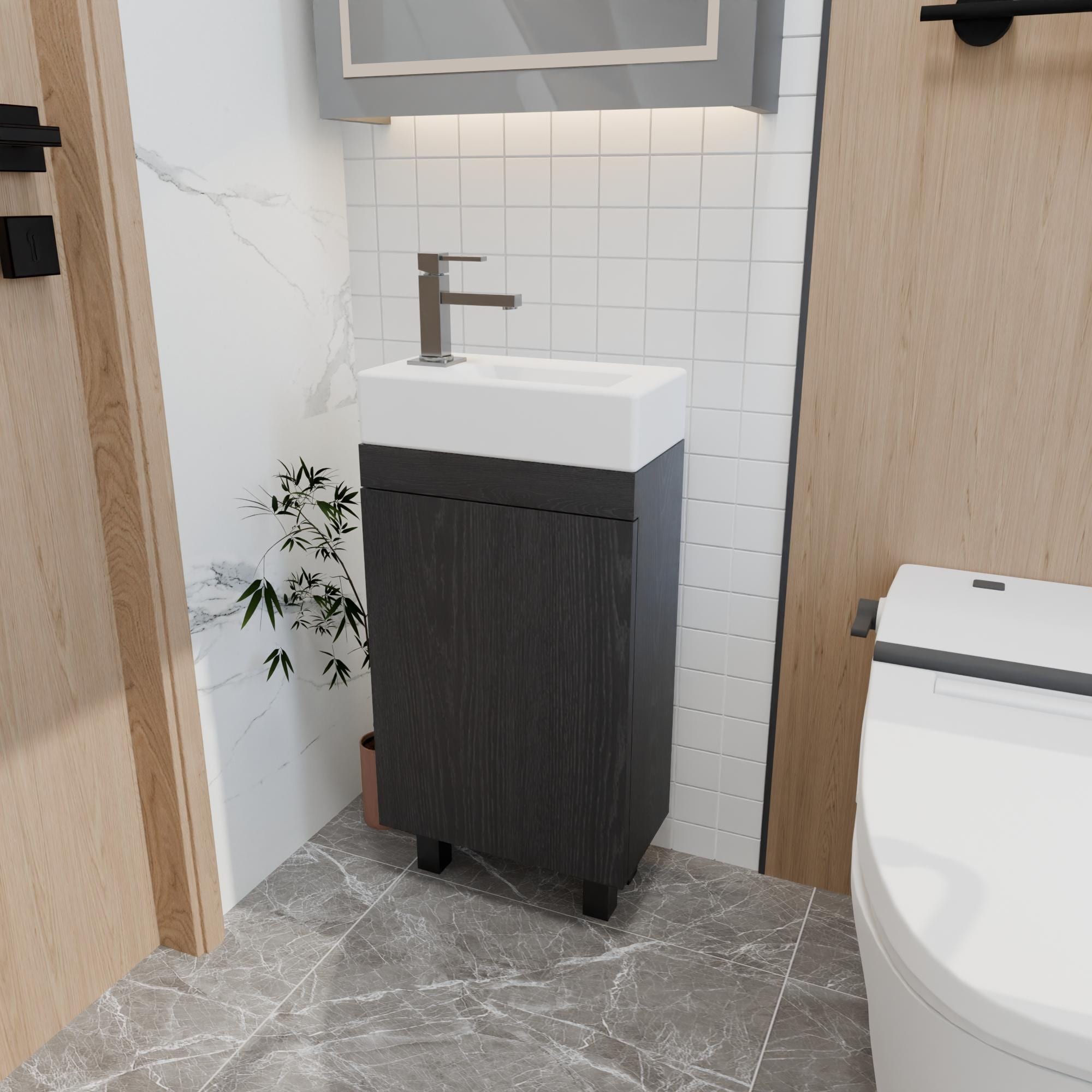 Gdfstudio Dominic 16 Inch Compact Freestanding Bathroom Vanity With Undermount Ceramic Sink And Smart Storage Cabinet