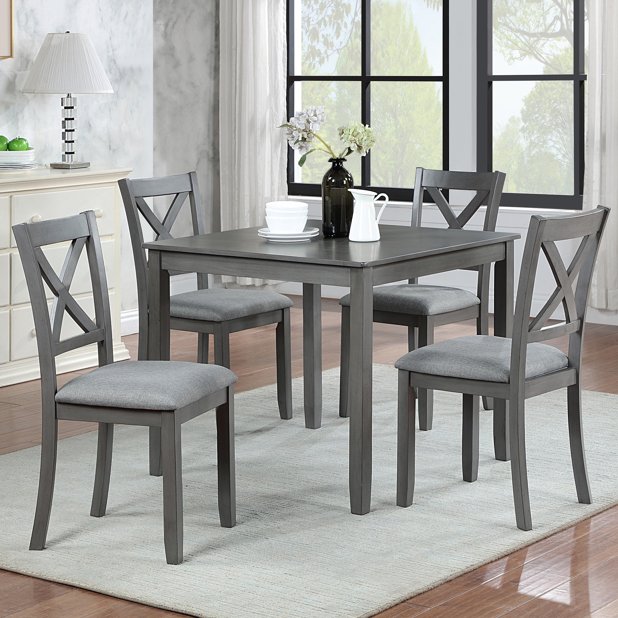Gdfstudio Dunmore 5 Piece Farmhouse Wooden Dining Table Set With 4 Wooden Upholstered Dining Chairs