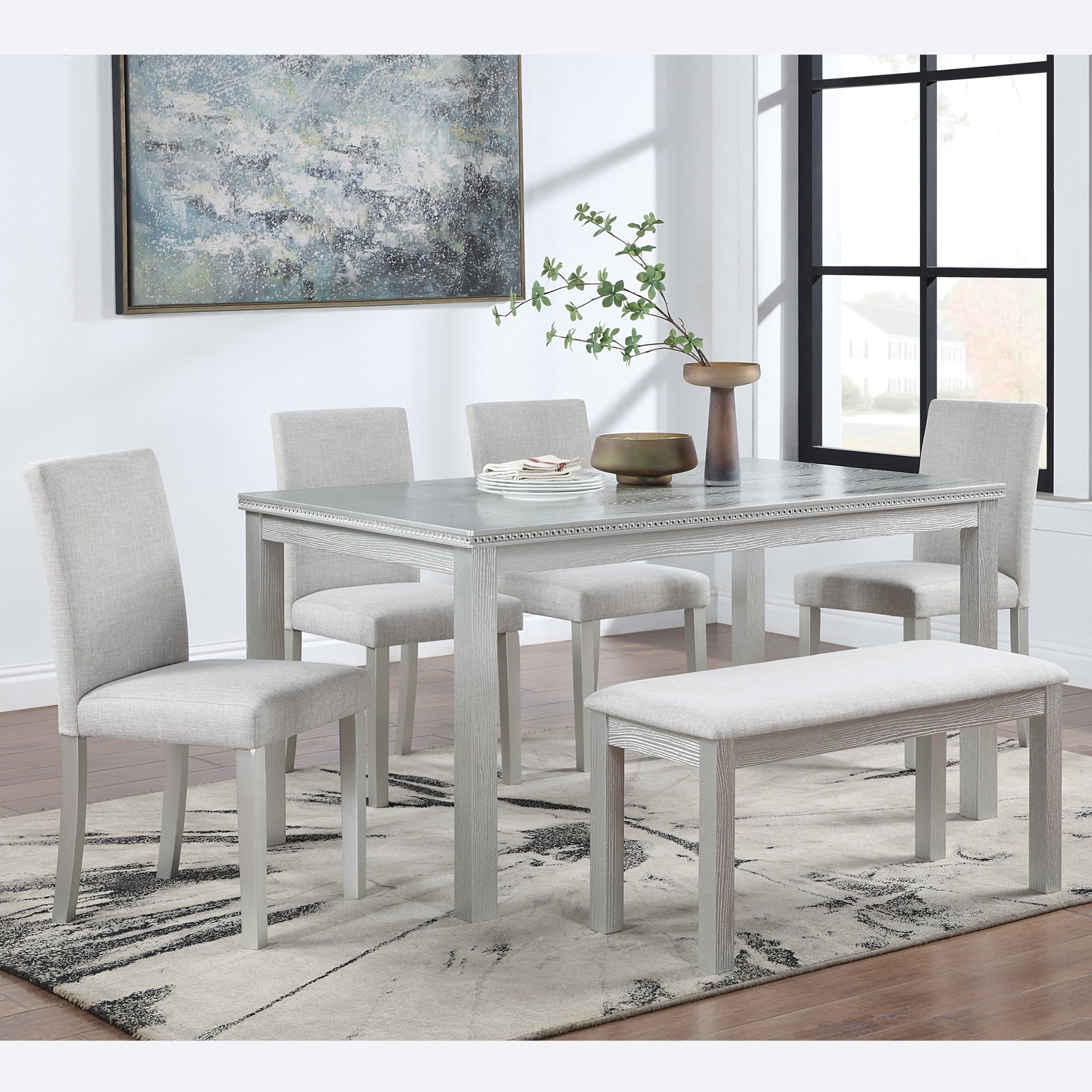 Gdfstudio Elmsley 6 Piece Classic Wooden Dining Table Set With 4 Upholstered Chairs And Bench