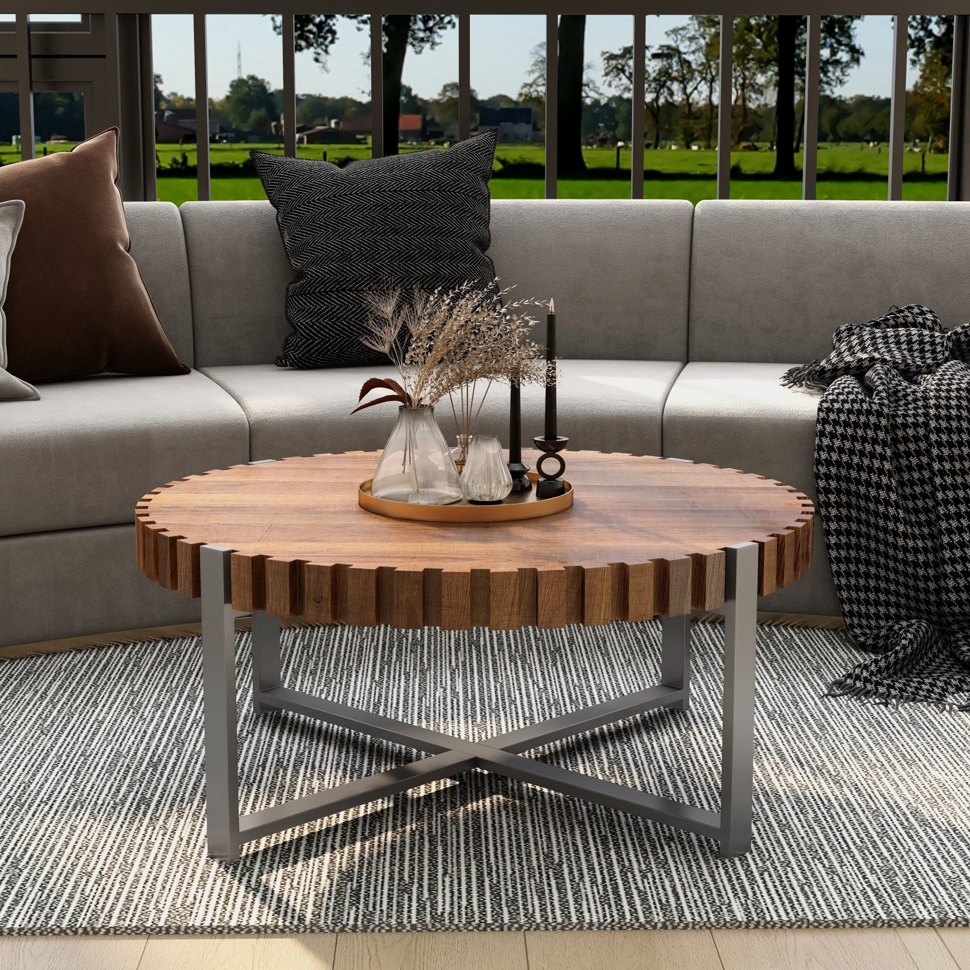 Gdfstudio Elvara Minimalist Round Coffee Table With Fluted Wood Edges Drum Base Design Stable Metal Frame 31.5 W