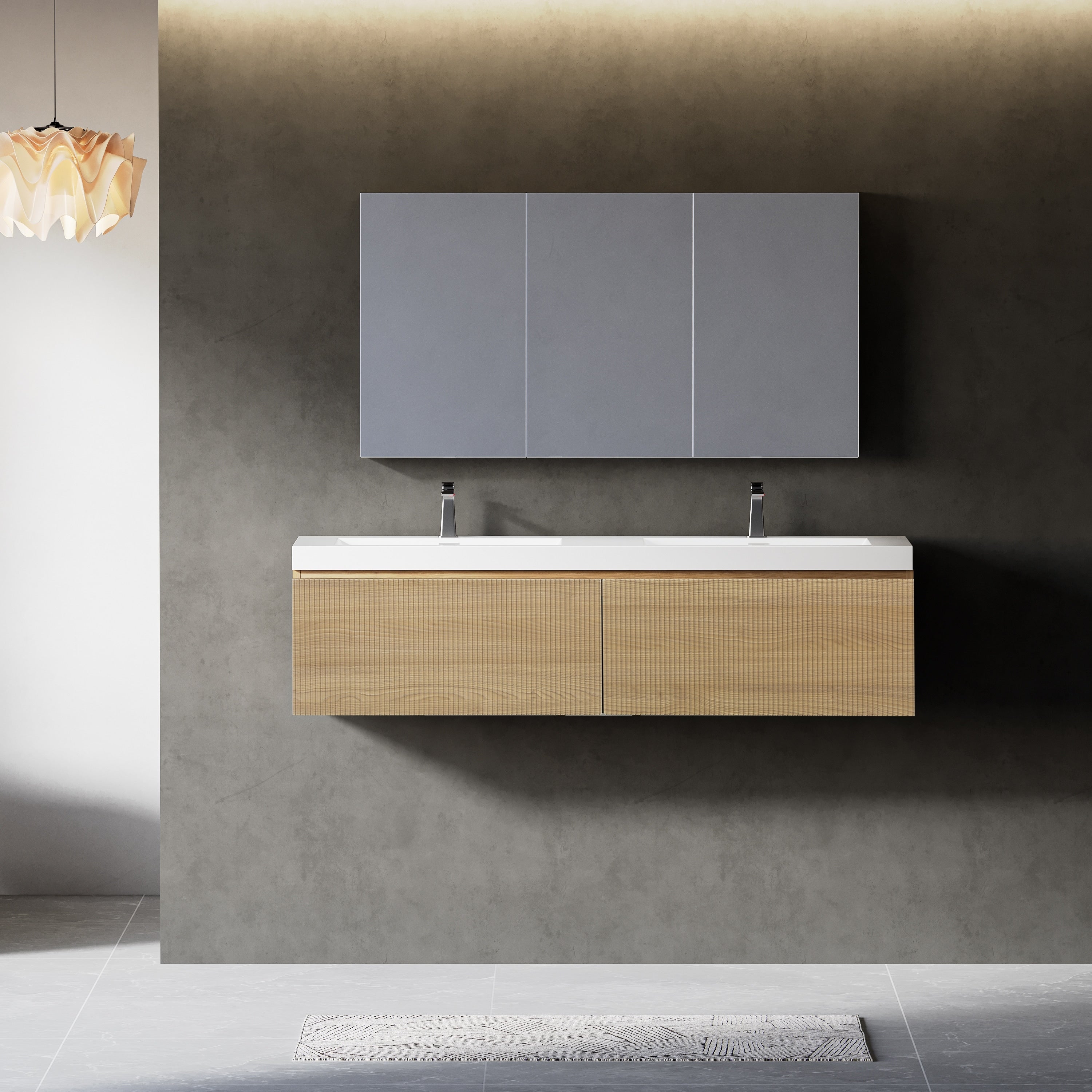 Gdfstudio Emerson 60 Inch Floating Double Bathroom Vanity With Solid Surface Basins And Fluted Storage Drawers
