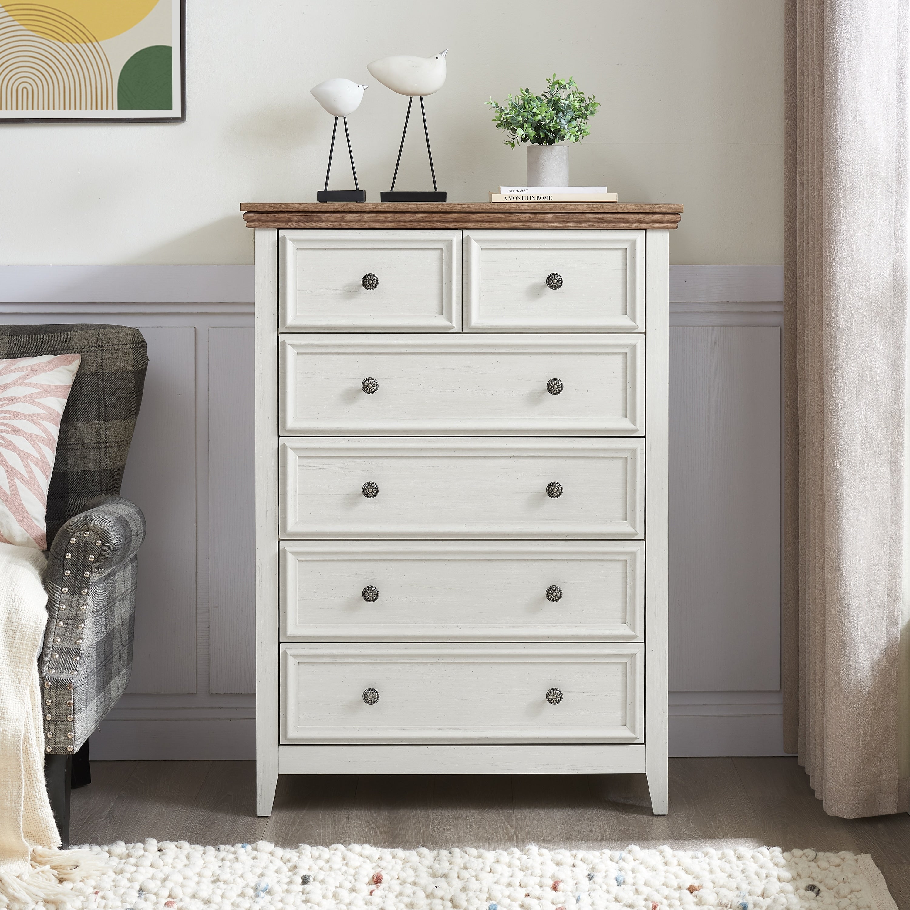 Gdfstudio Farmhouse Modern 6 Drawer Dresser Cabinet With Metal Slides And Vintage Handles