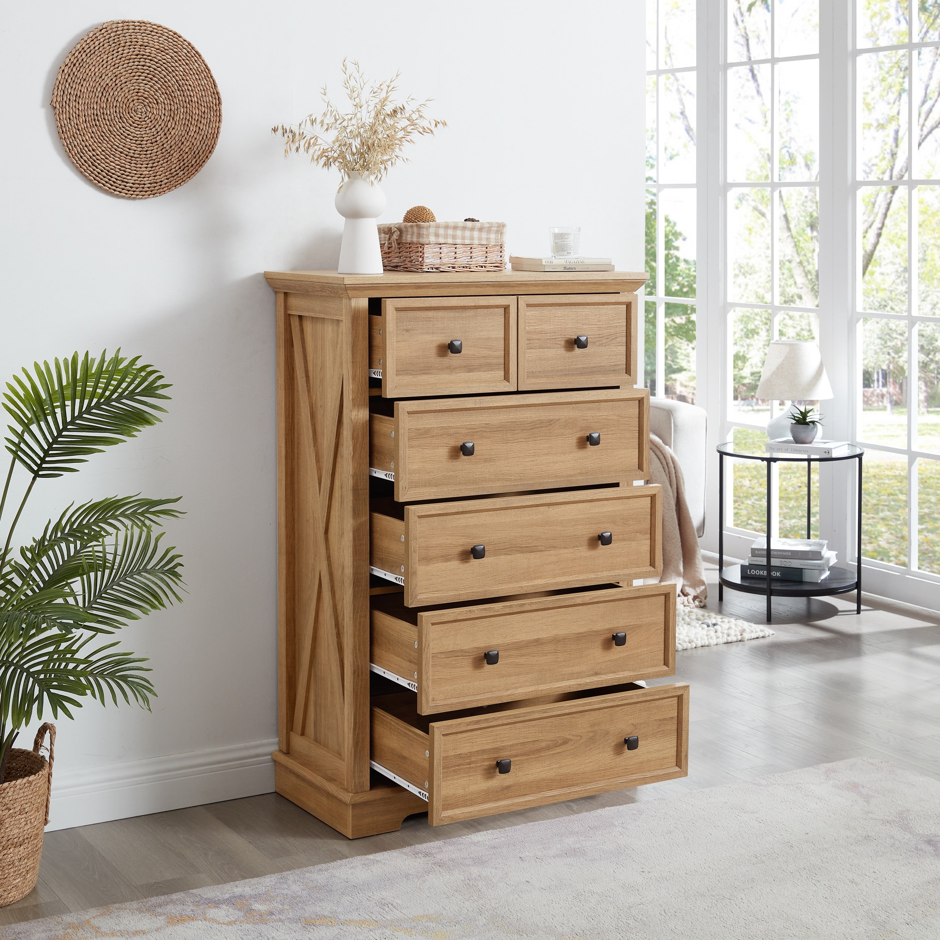 Gdfstudio Farmhouse Modern 6 Drawer Tall Dresser With Smooth Metal Slides And Storage Cabinet Design