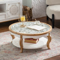 Gdfstudio Farmhouse Round Coffee Table With Tempered Glass Top And 2 Tier Open Storage