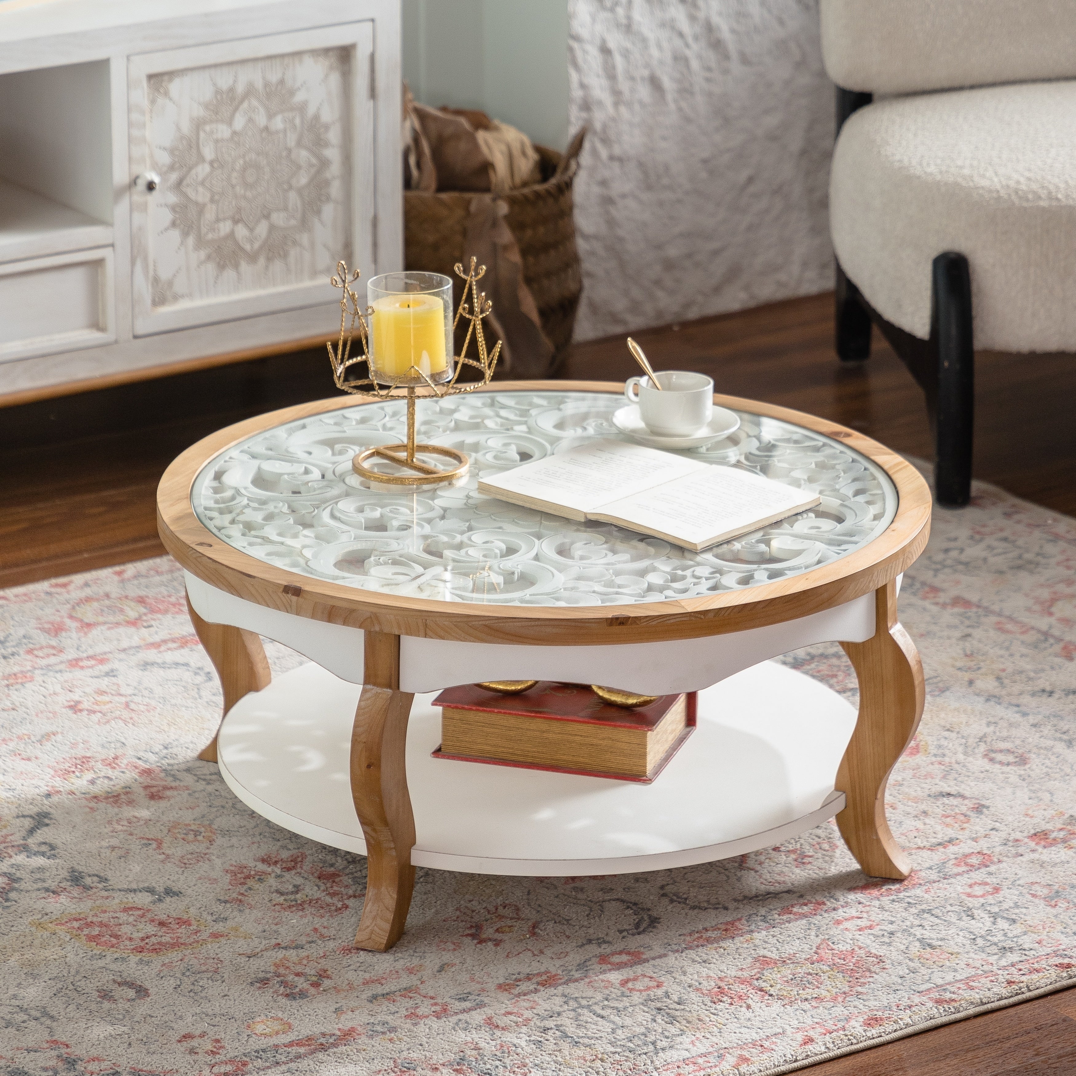 Gdfstudio Farmhouse Round Coffee Table With Tempered Glass Top And 2 Tier Open Storage
