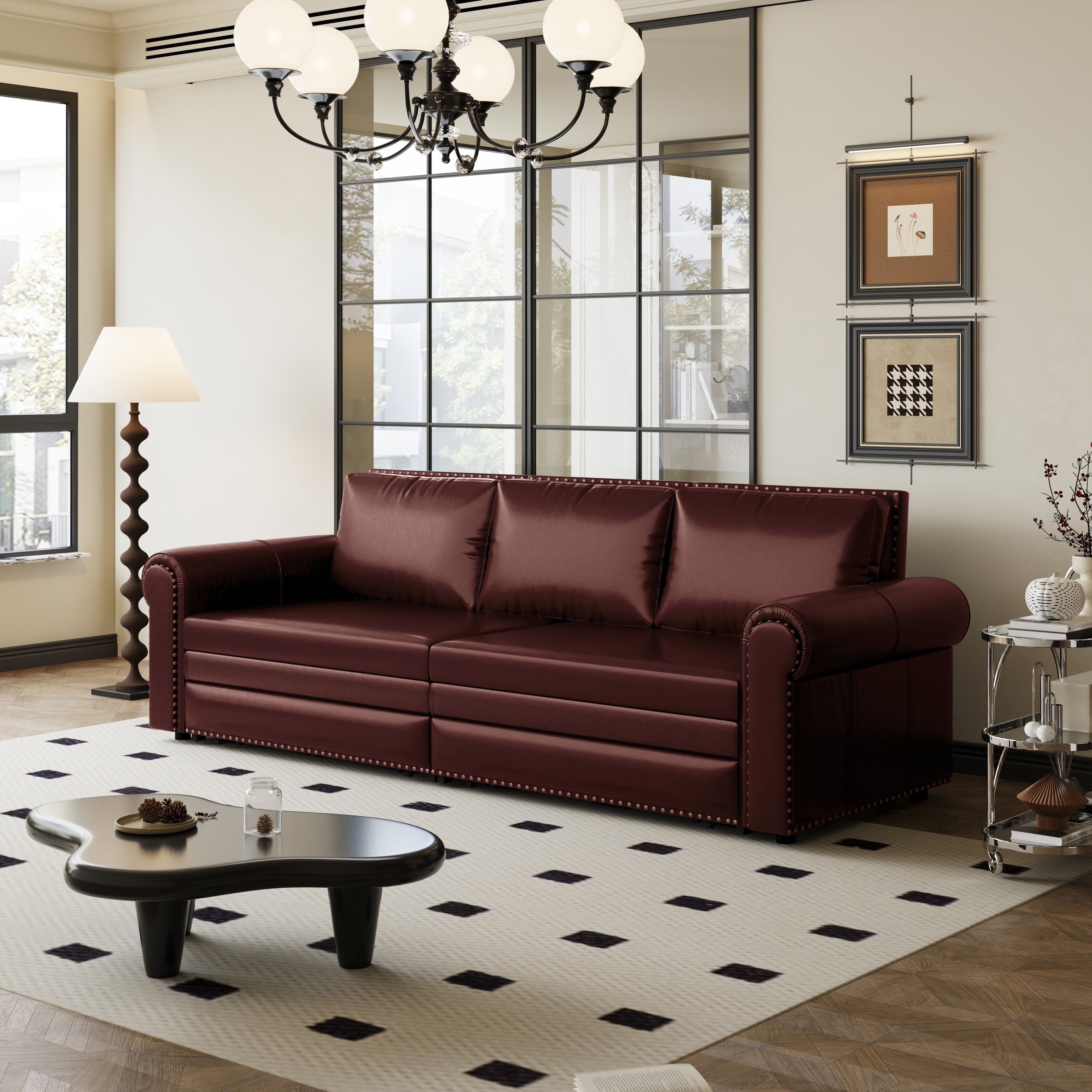 Gdfstudio Faux Leather 93.7 Chesterfield 3 In 1 Convertible Sofa Bed With Nailhead Trim