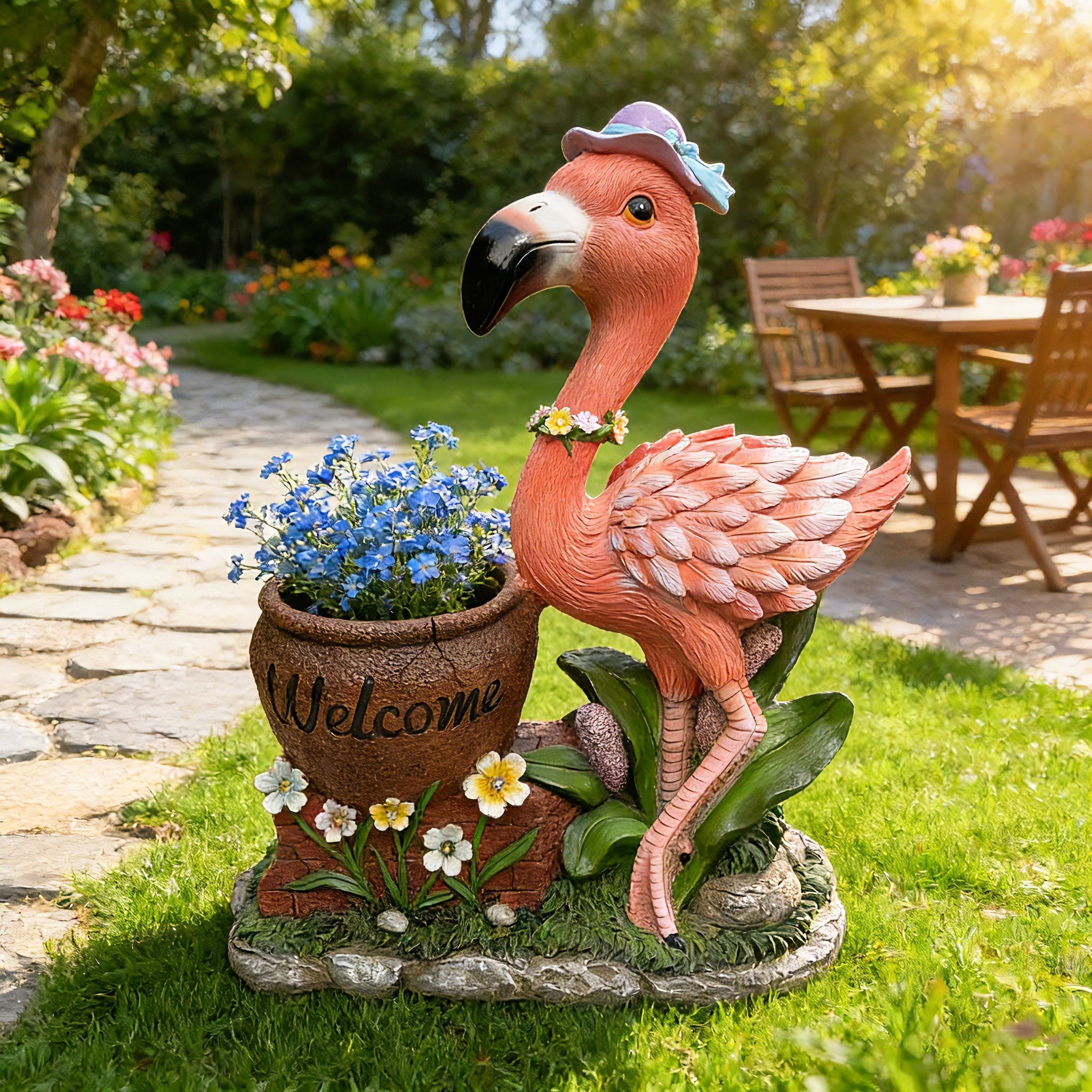 Gdfstudio Flamingo Solar Flower Pot Planter Resin Outdoor Garden Sculpture Yard Decor